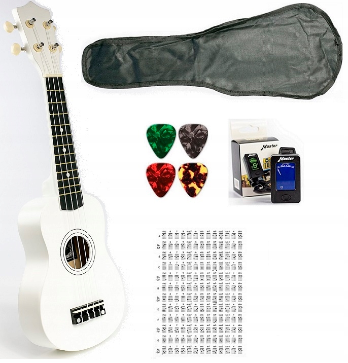 

Ukulele Sopranowe +pokrowiec+tuner+ Kostki+ Tabela