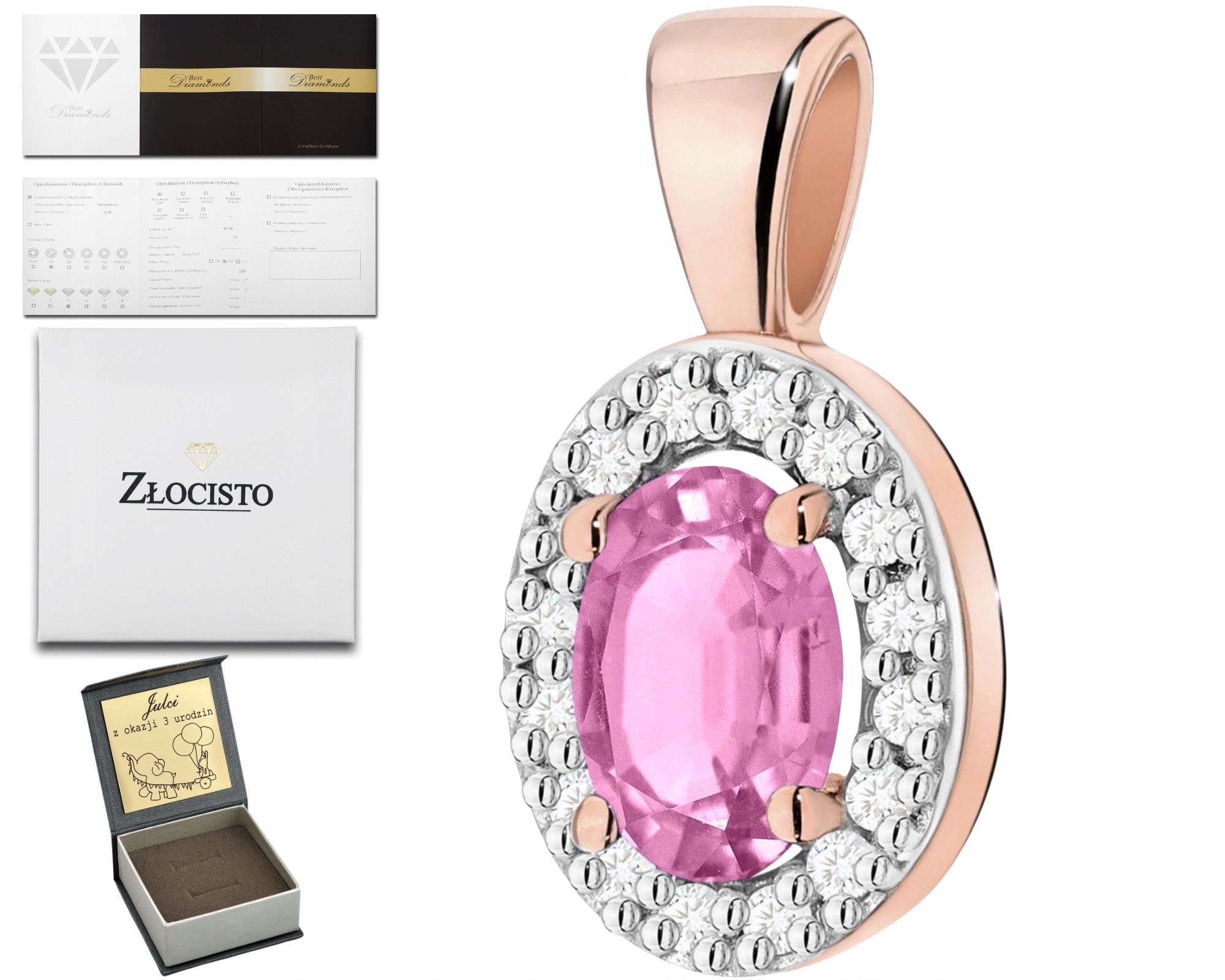 Růžové Zlato Přívěsek Přírodní Kámen Růžový Safír A Diamanty Zlato 585