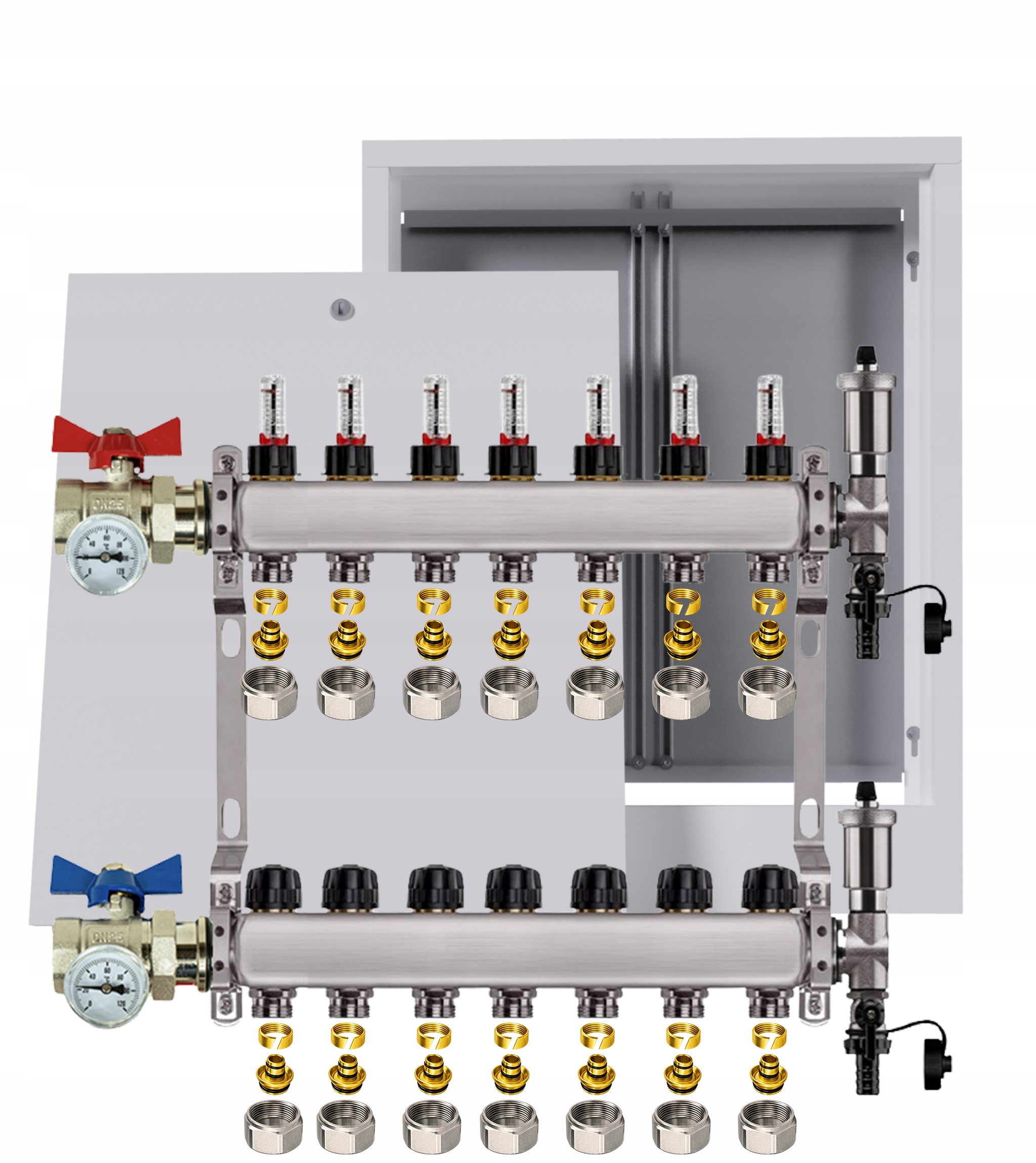 Nerezový rozdělovač podlahovky 7 okruhů box ventily Pex