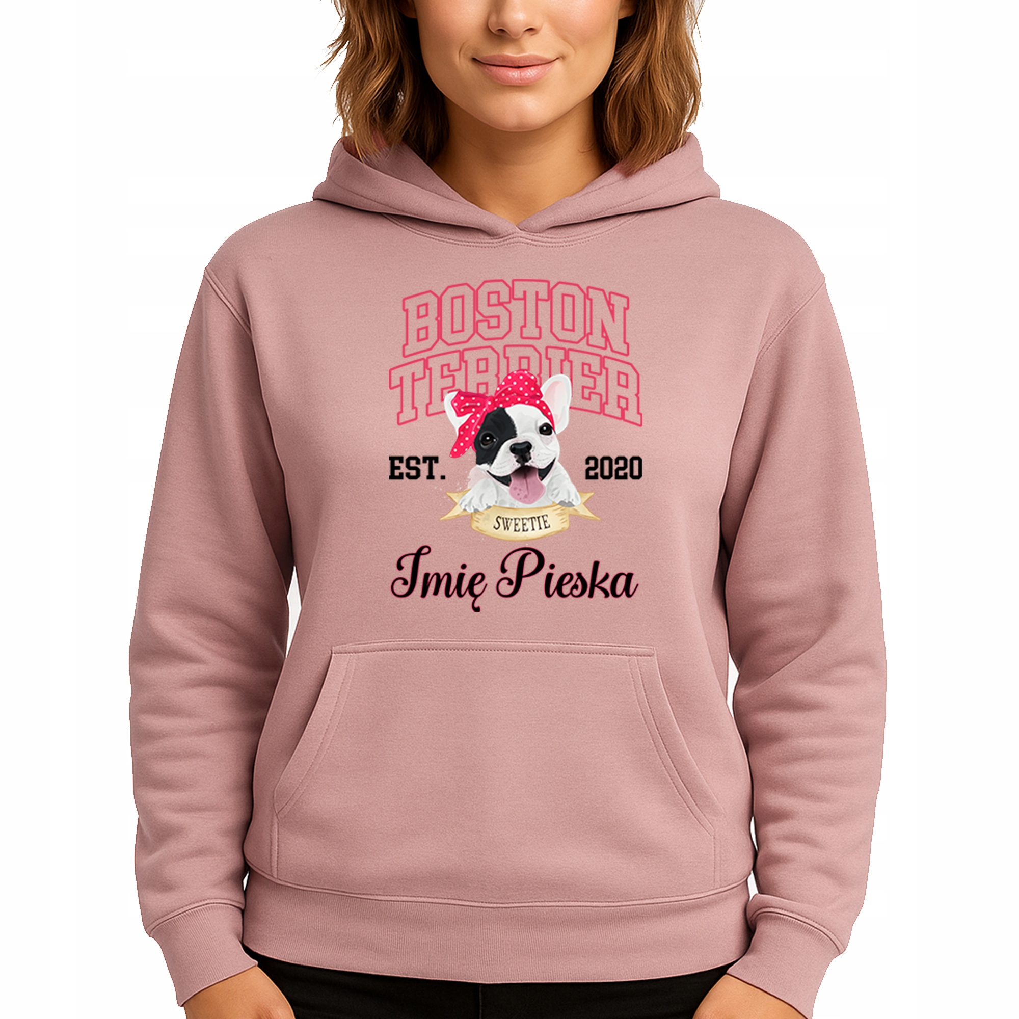 Mikina S Kapucí Růžová bavlněná mikina Módní Boston Teriér Jméno Psa M