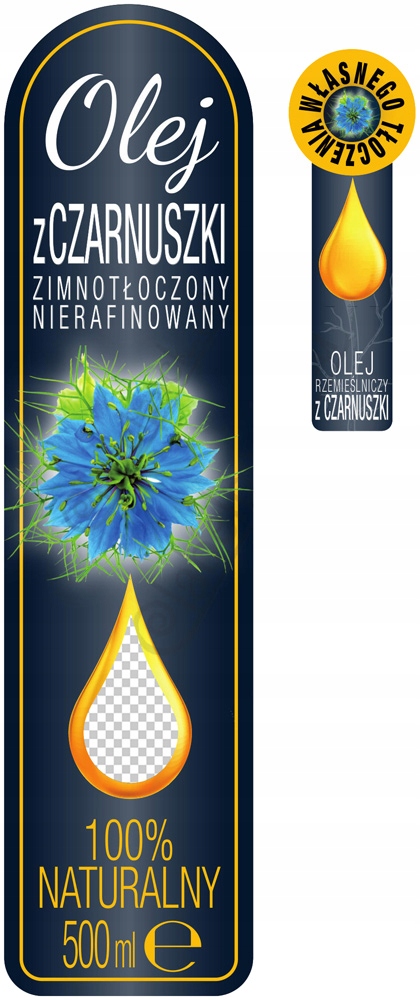 

Olej z Czarnuszki Etykieta 500ml, naklejka 10x