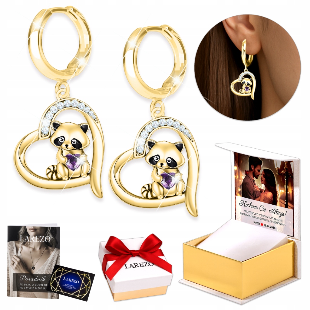 Zlaté Náušnice 925 s Mývalem Medvídek Mýval Fialová Srdce Medvídci