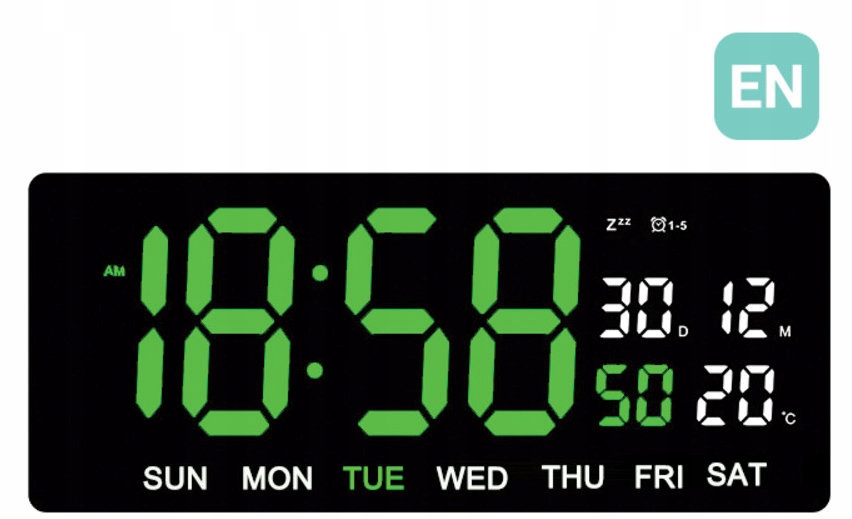Veľký Čitateľný Zelený Budík Led Jvd DH3604.2 Teplomer, Dva Alarmy