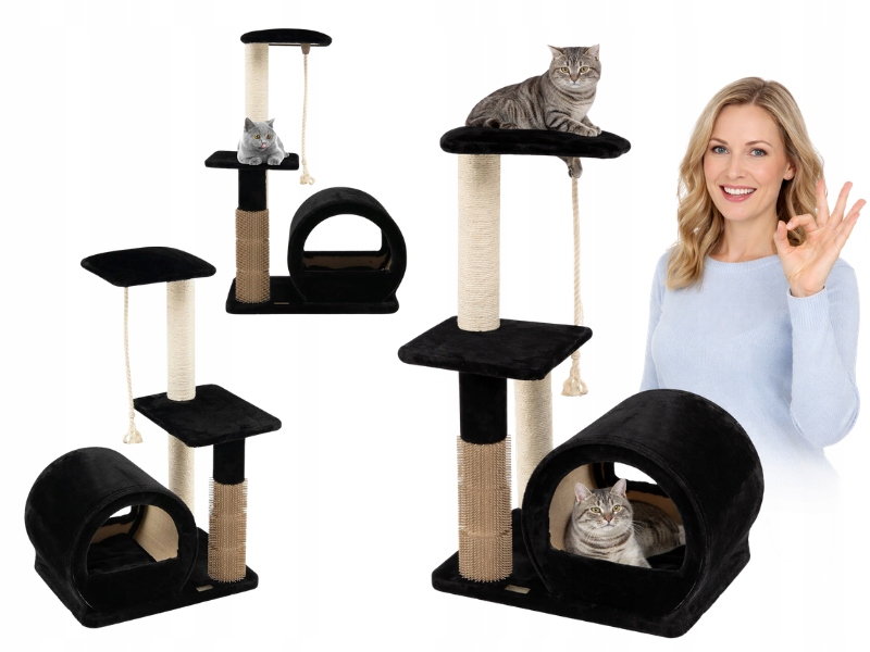 Drapak Pro Kočky 92 CM S Domečkem Bambus Kartáč Míč Stabilní Sisal Černý