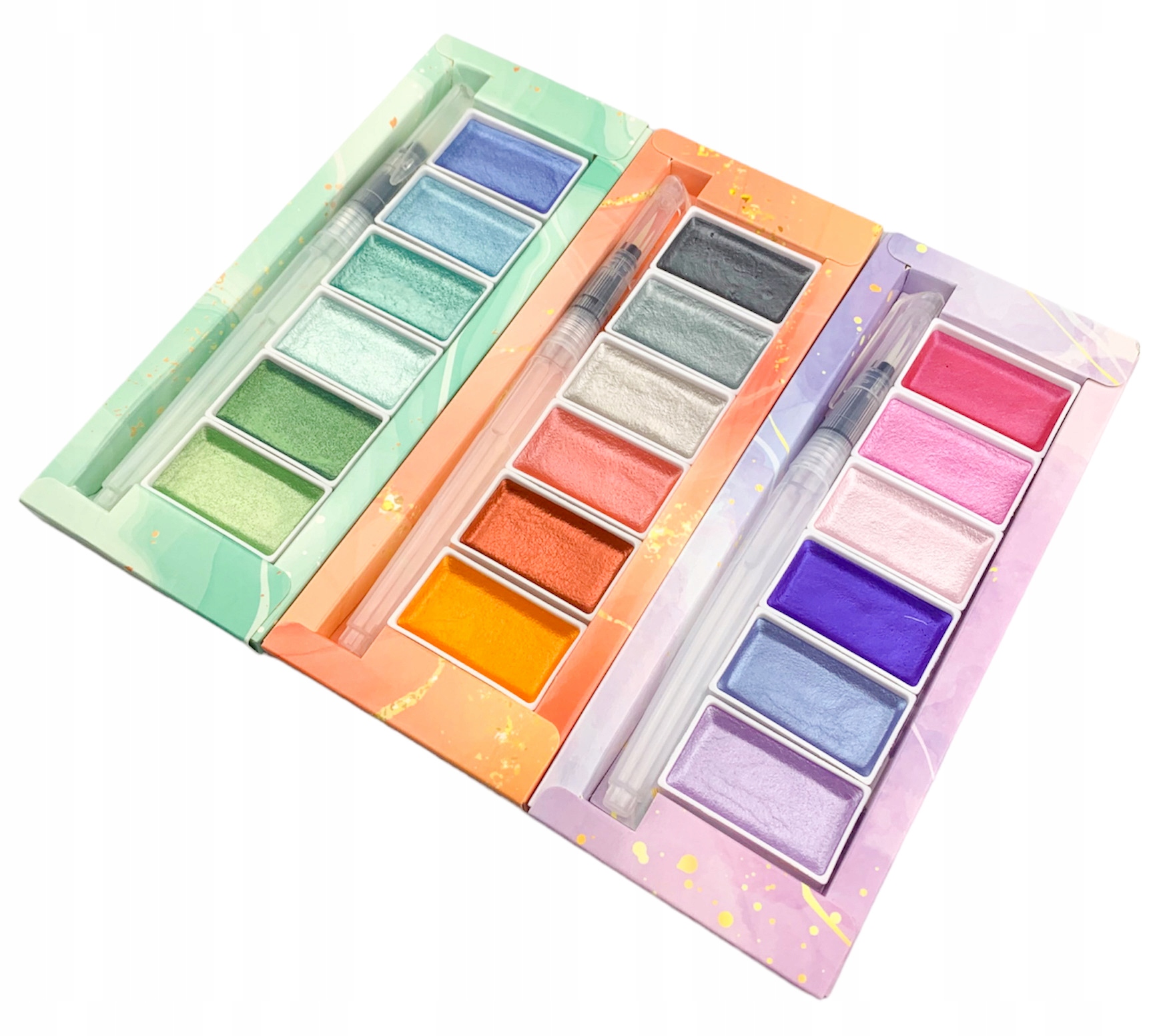 FARBY AKWARELOWE 18 KOLORÓW 3 x 6 SZTUK METALICZNE PERŁOWE WODNE + PĘDZELEK Marka DecoTime