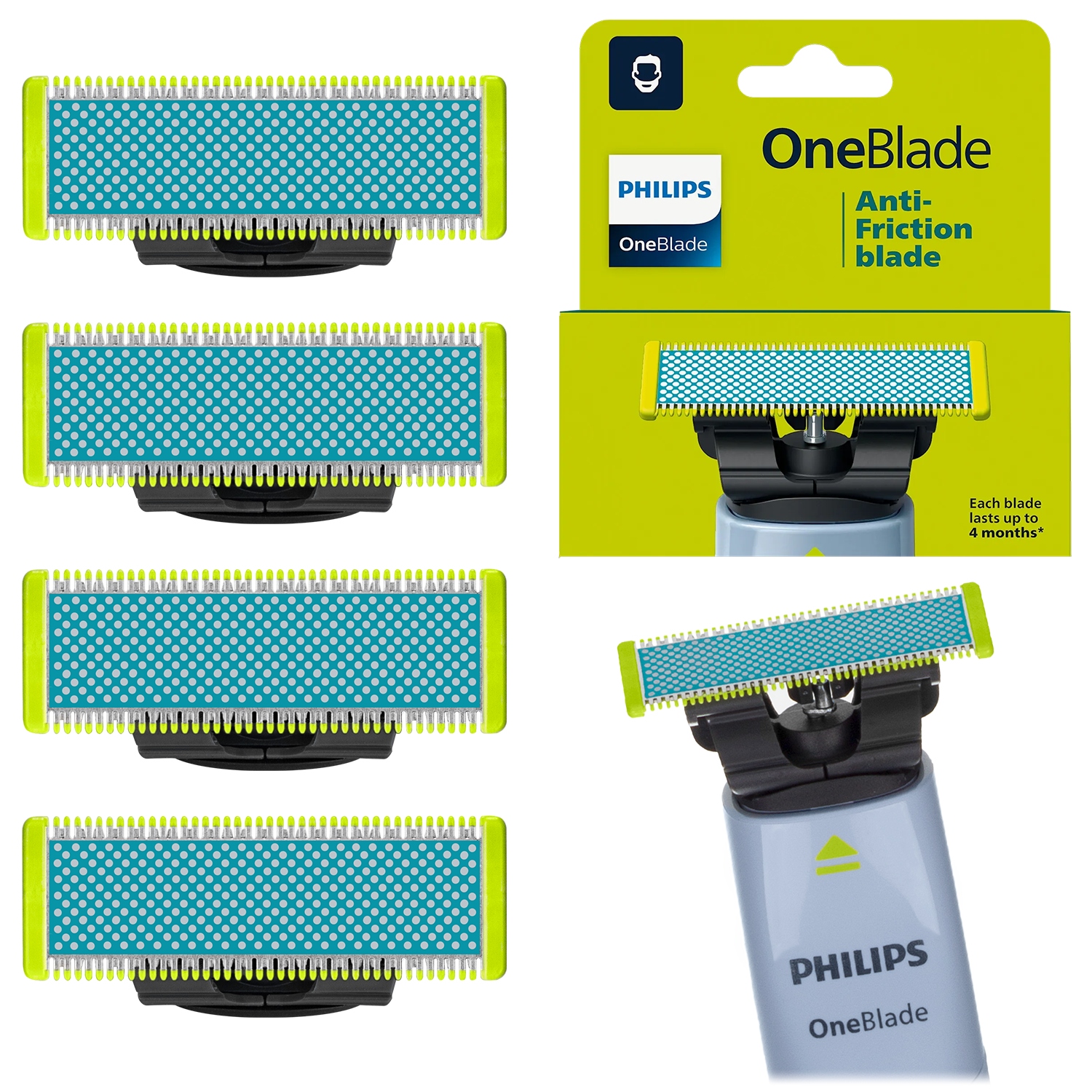 4x Náhradní Břit Pro Holicí Strojek Philips Oneblade Citlivá Pokožka QP225/50