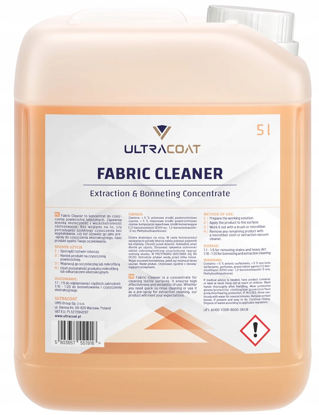 Środek do tapicerki tekstylnej ULTRACOAT Fabric Cleaner 5l, pH: zasado