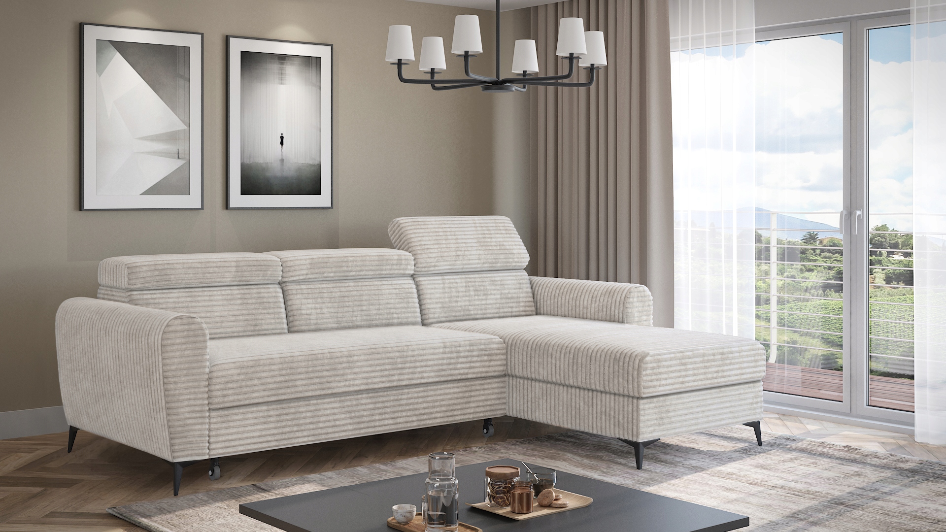 Rohová Sedací Souprava v silném sametu s úložným prostorem na povlečení a funkcí spaní