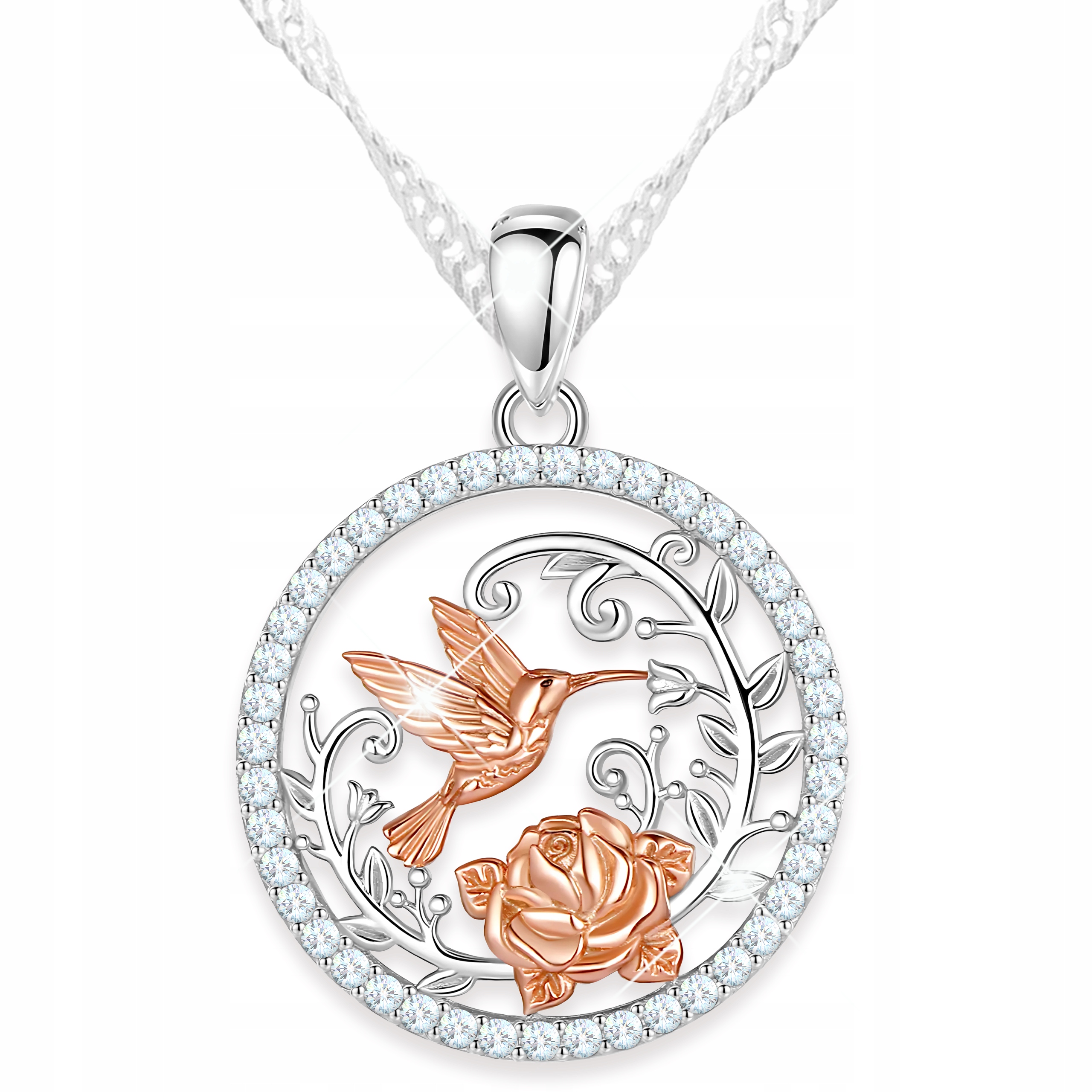 Stříbrný náhrdelník Pták Kolibřík s květem Růže Louka Květina Rostlina Stříbro 925