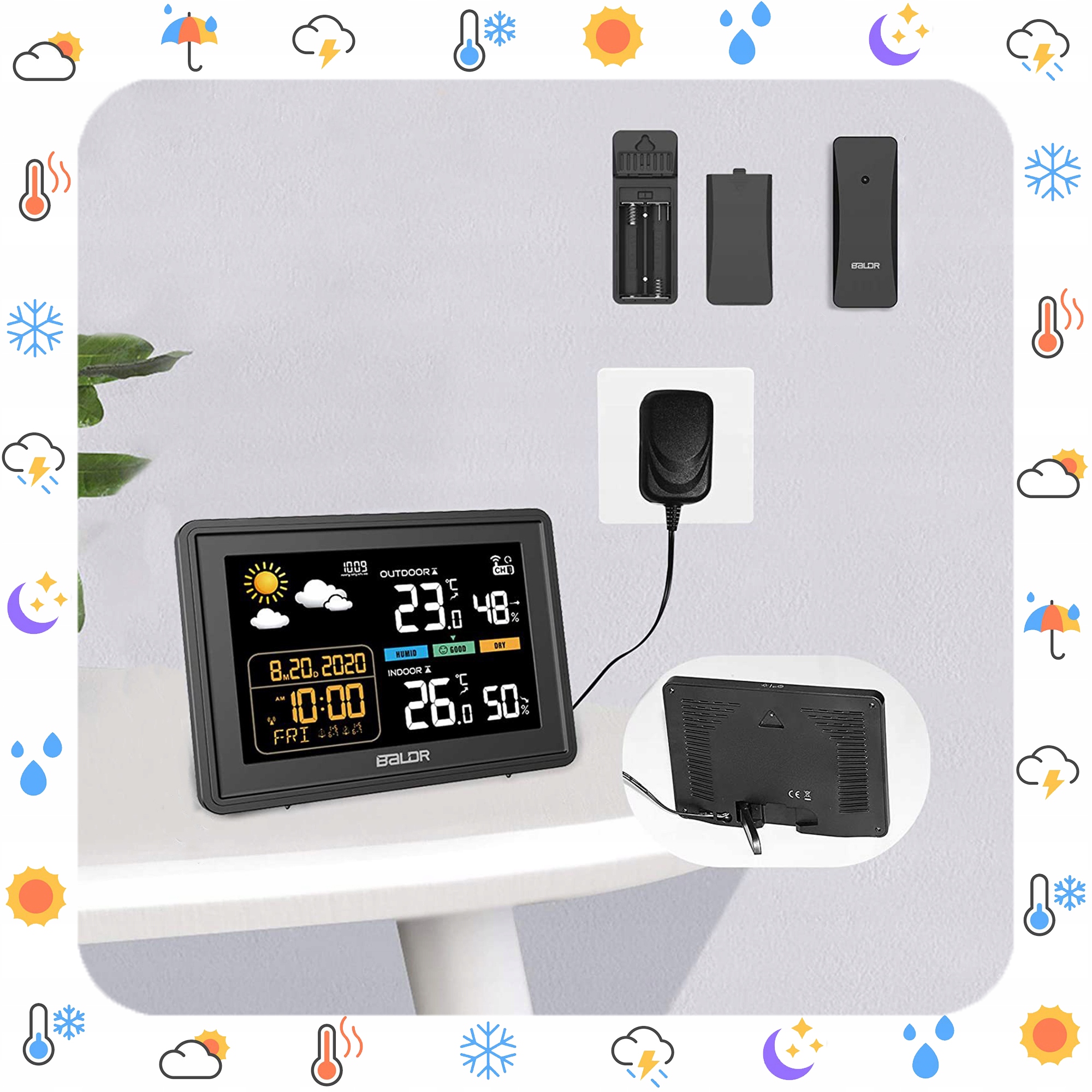 BEZPRZEWODOWA STACJA POGODOWA HIGROMETR TERMOMETR ZEWNĘTRZNY CZUJNIK POGODY Marka Baldr