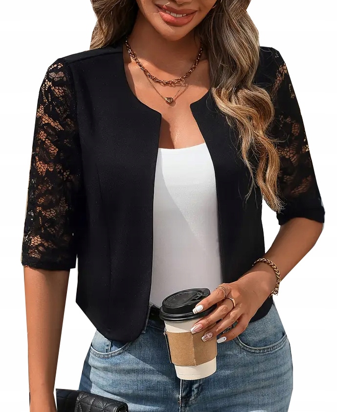 Żakiet Damski Czarny Marynarka Krótka Narzutka Koronka XL/XXL 42 44