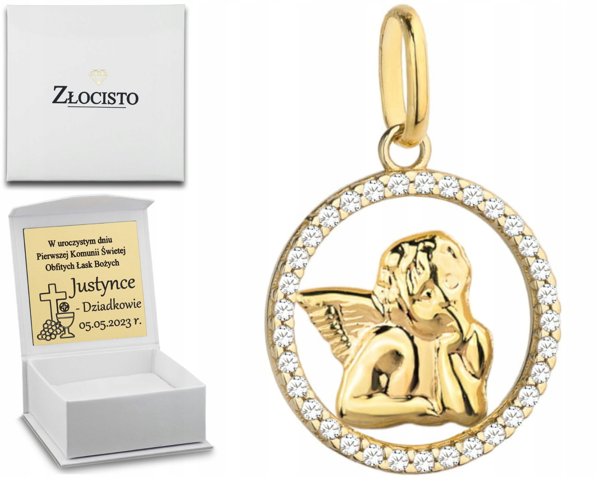 Zlatý Medailonek Přívěsek Anděl s zirkony 585 Gravírování Věnování křtu