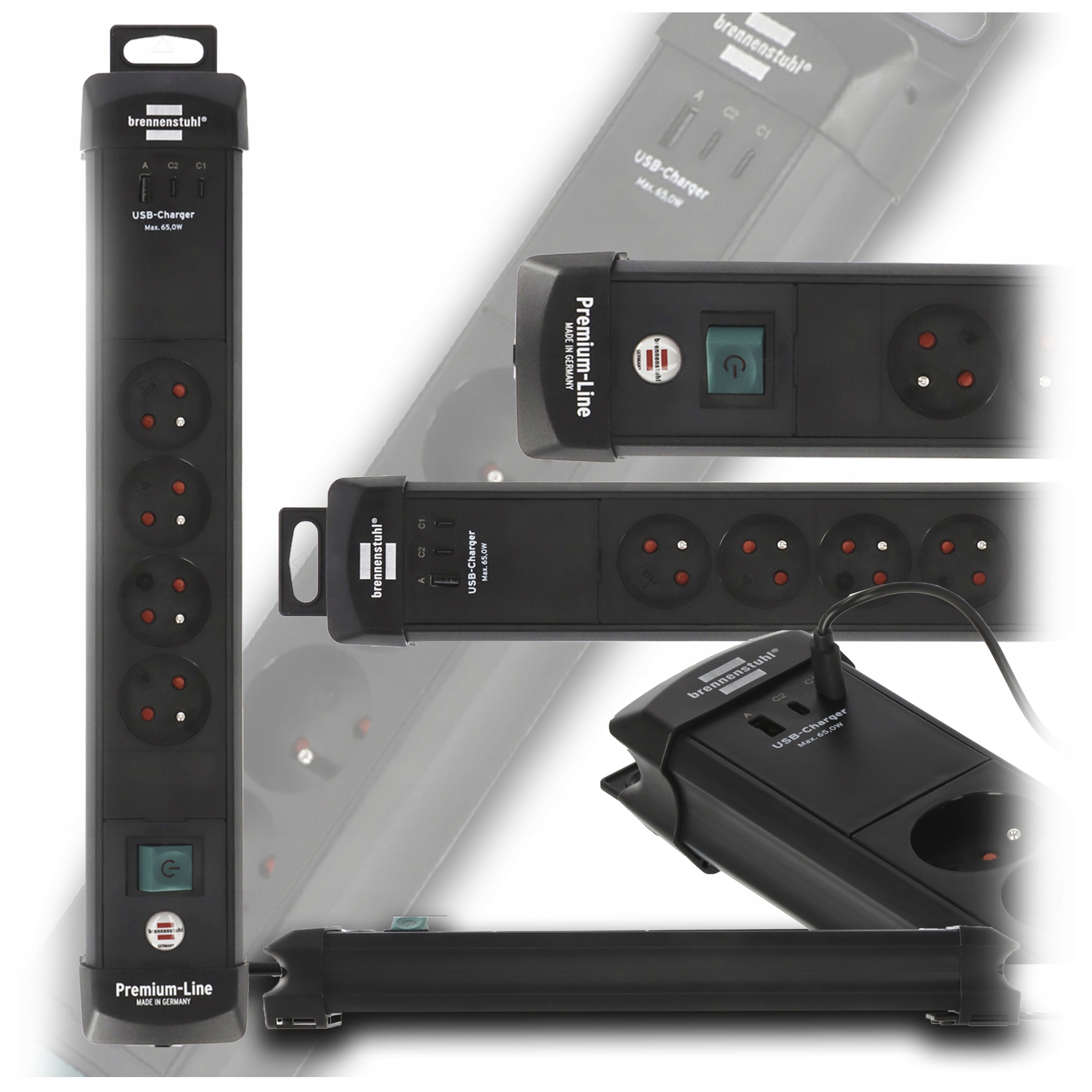 Prodlužovací kabel Zásuvková Lišta 4Gn 3 m Černá 3xUSB-C/A Rychlé nabíjení 65 W