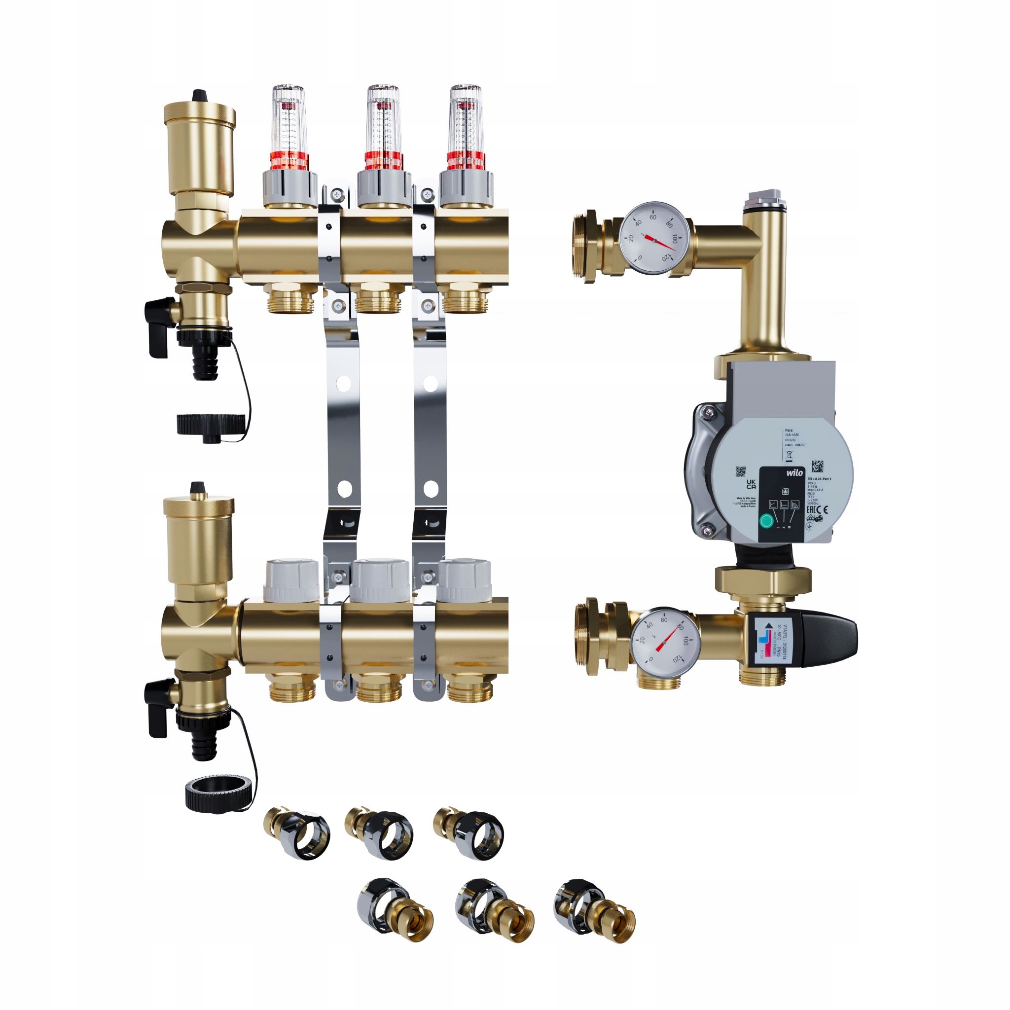 Rozdělovač pro podlahové topení 3 sekce Spojky Pex Čerpadlo Wilo