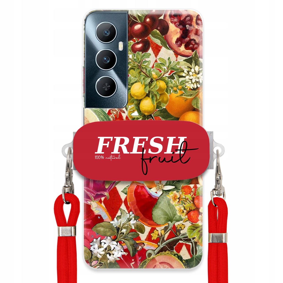 Puzdro pre Realme C65 4G Červené Crossbody vodítko držiak Fresh Fruit Ovocie