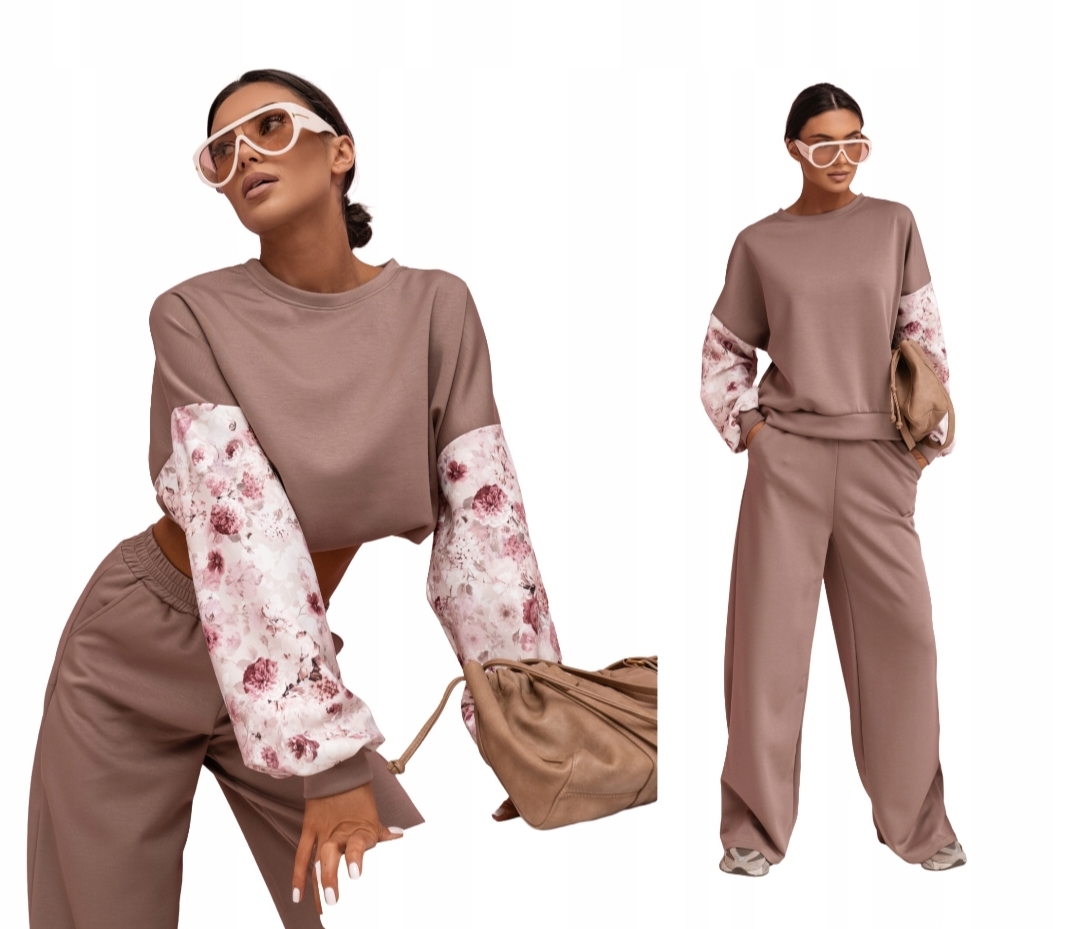 Dres Damski Komplet Dresowy Masełko W Kwiaty Szerokie Spodnie Pl Prod L/XL