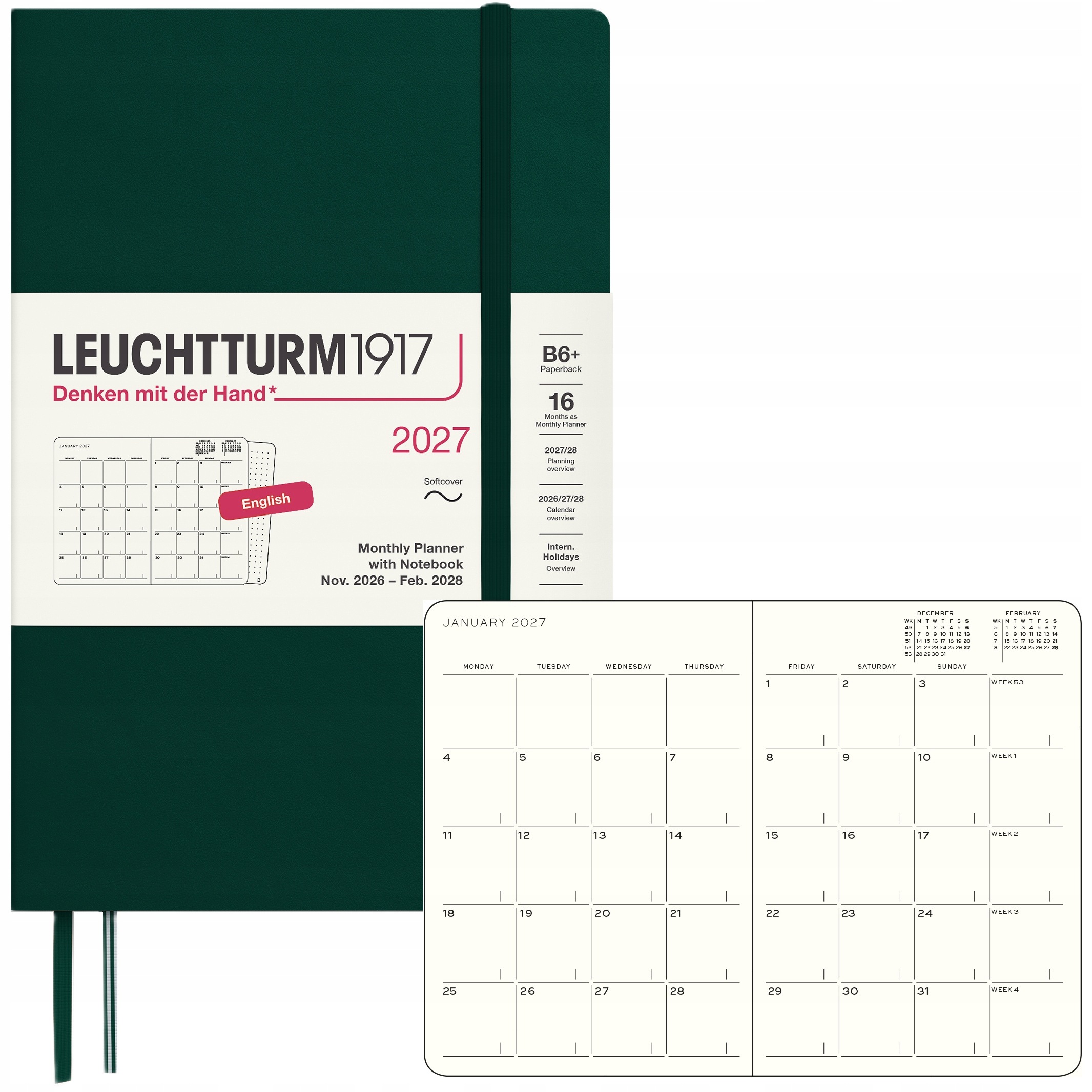 Kalendarz Książkowy Miesięczny B6 planer kropki 2027 Leuchtturm1917 Forest