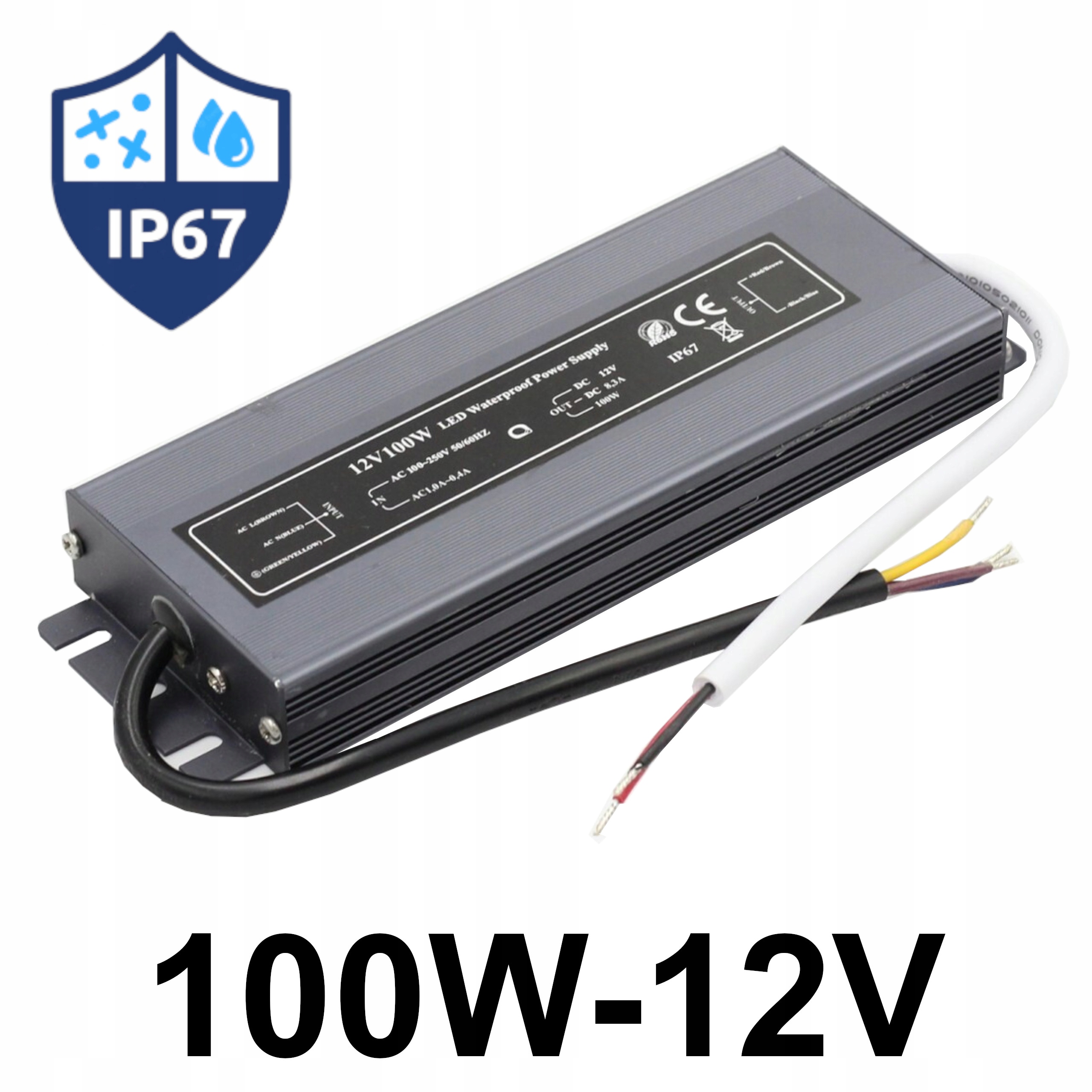 Zasilacz Led Wodoodporny 100W 12V IP67 Hermetyczny Wewnętrzny Zewnętrzny