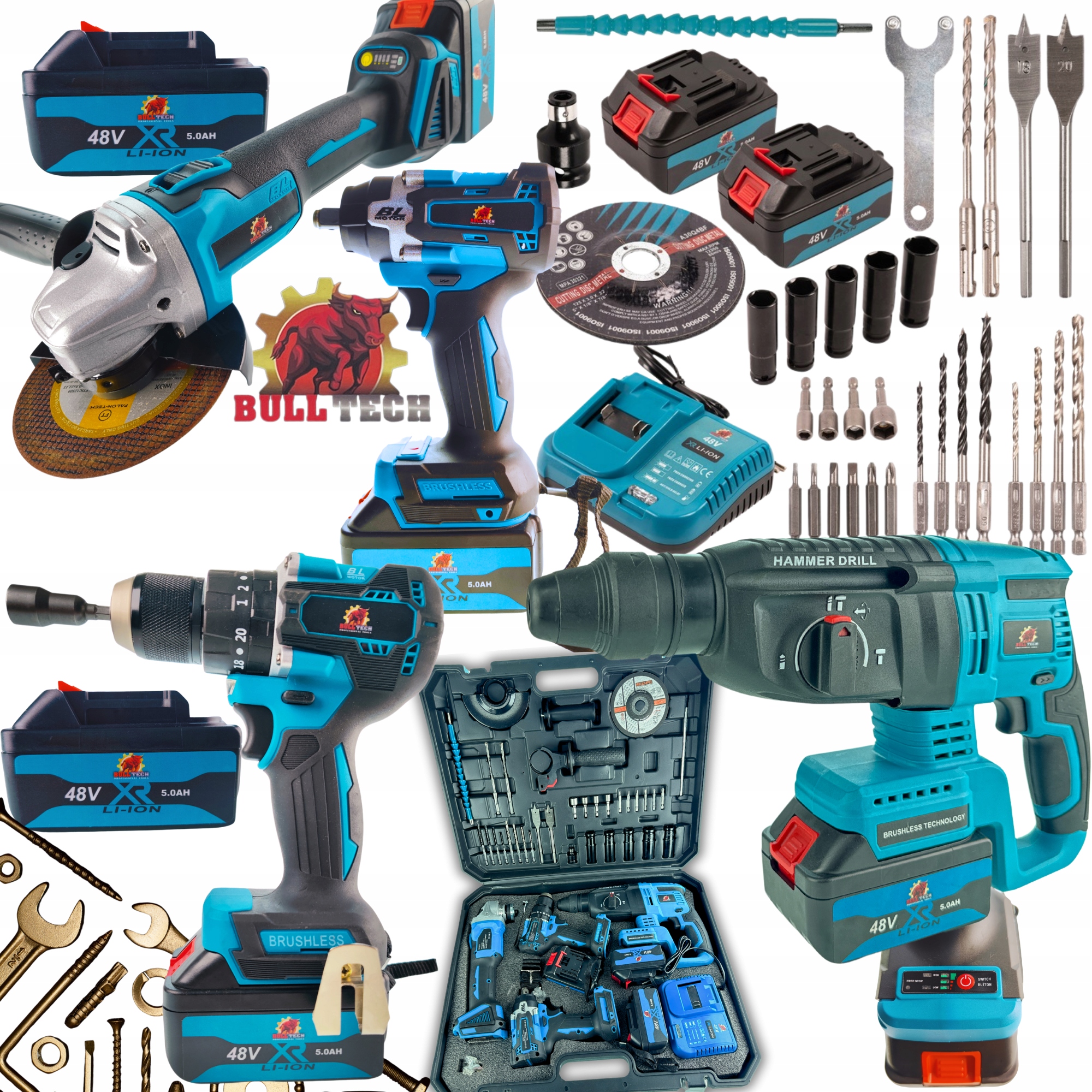 Zestaw Narzędzi Akumu 5AH 48V 4w1 Młot Szlifierka Wkrętarka Klucz 3X Bateri