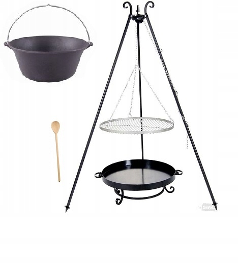 Zahradní gril 180 cm, rošt 60 cm, kovaná trojnožka, litinový kotlík 11 l