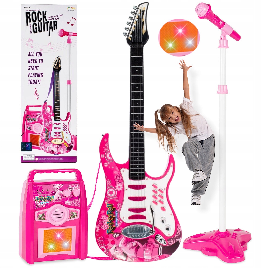 Gitara elektryczna ze wzmacniaczem i mikrofonem na statywie dla dzieci Stan opakowania oryginalne