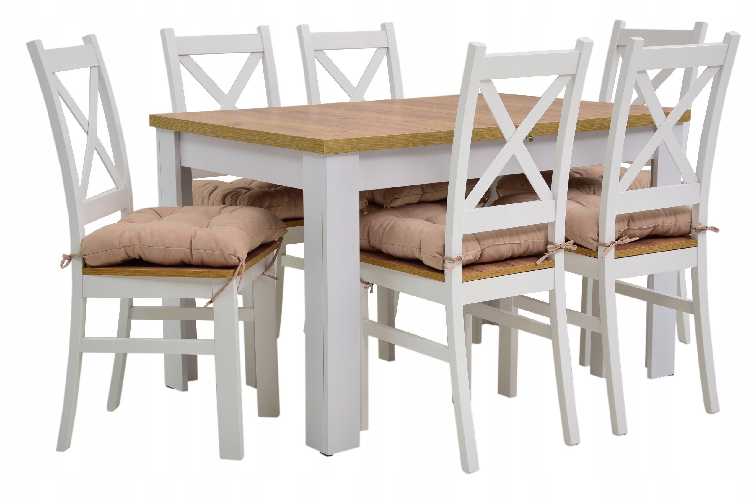 komplet do SALONU nowoczesny stół DĄB CRAFT + 6x białe krzesła z krzyżem