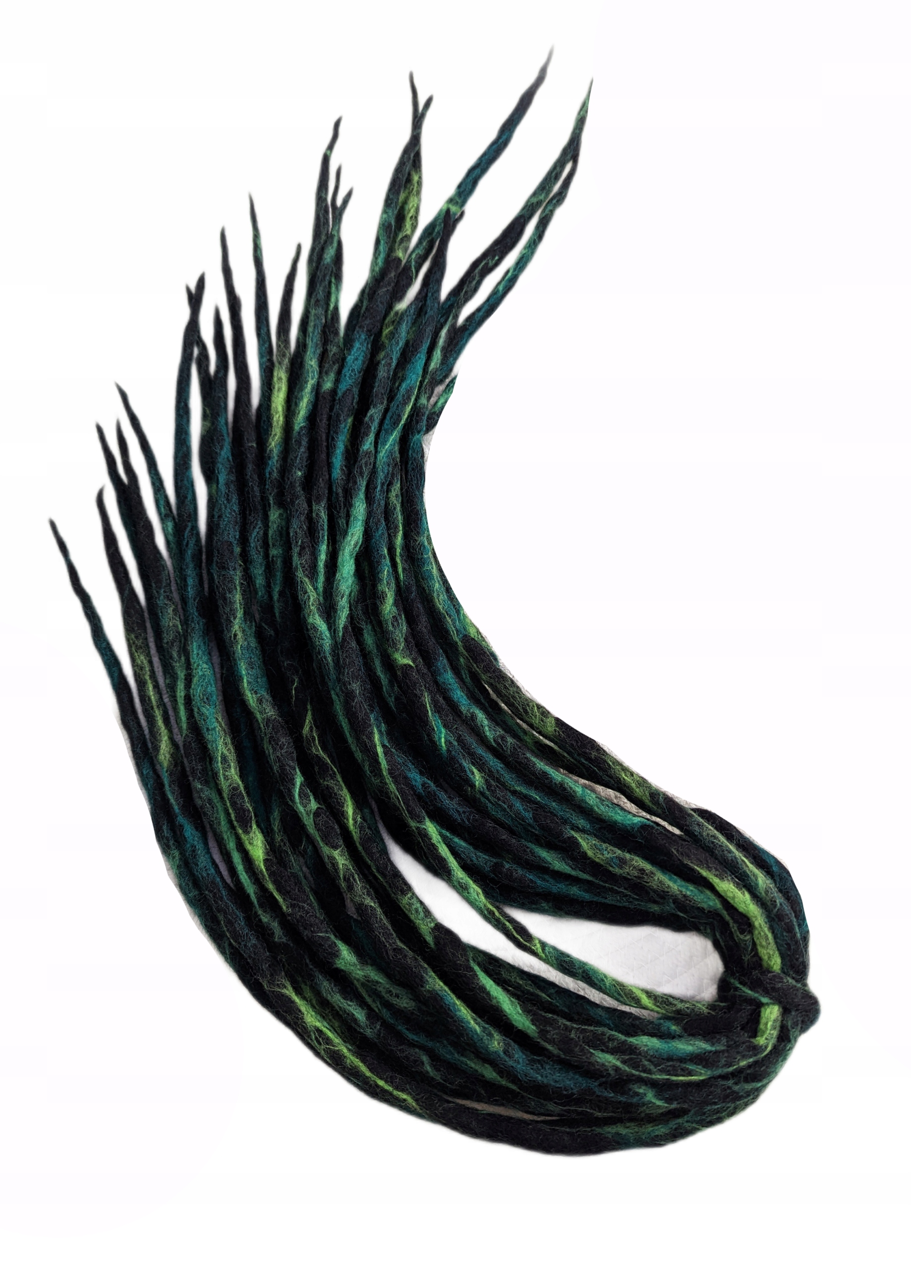 Dredloky Dredy vlněné Handmade, černé zelené, Smaragdová Hadice, 10 kusů