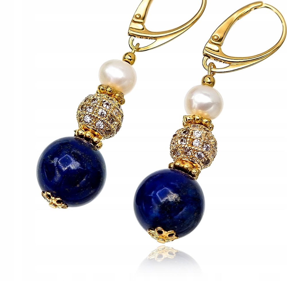 Perly Lapis Lazuli Krásné Náušnice Zlaté Stříbro