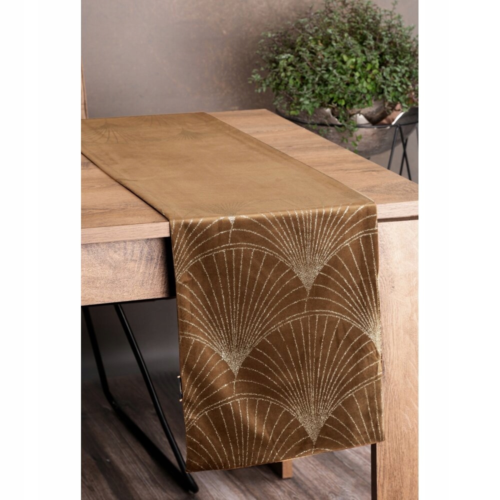 Bieżnik z welwetu 35X180 brązowy modny nadruk złotych wachlarzy Materiał wykonania poliester