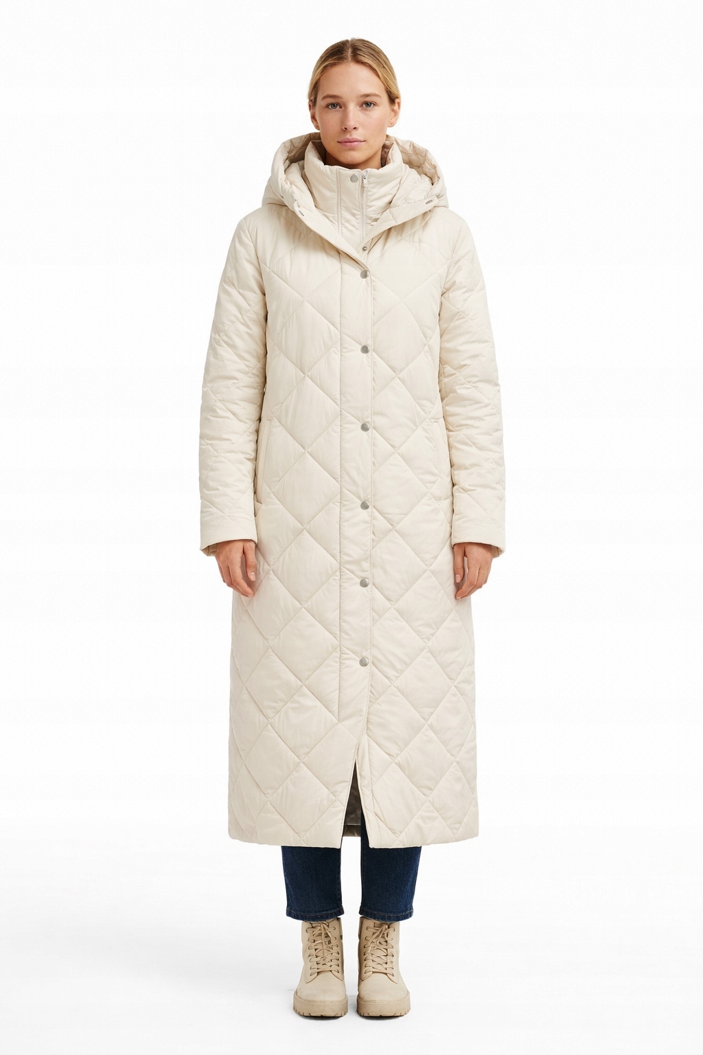 Béžová Prošívaná Bunda S Kapucí, Dlouhá, Velikost 1I3A