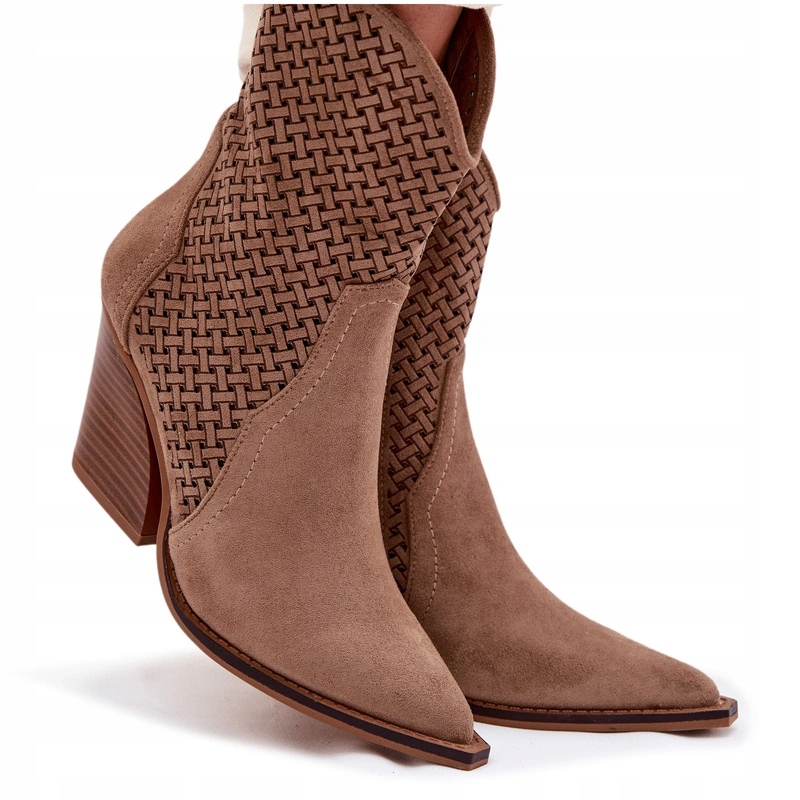 Kotníkové Boty Kovbojské Boty Ažurové Eko Semišové Na Podpatku Béžové 39