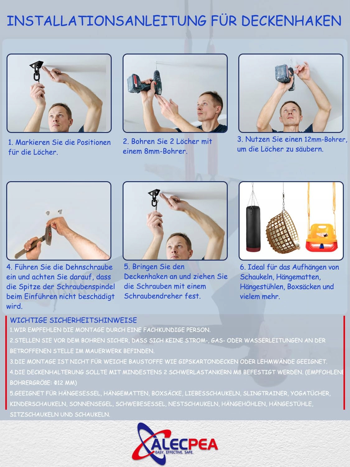 ALECPEA Hak Sufitowy Stalowy 450kg Fotel Wiszący Obrót 360 Stopni — miniatura 8