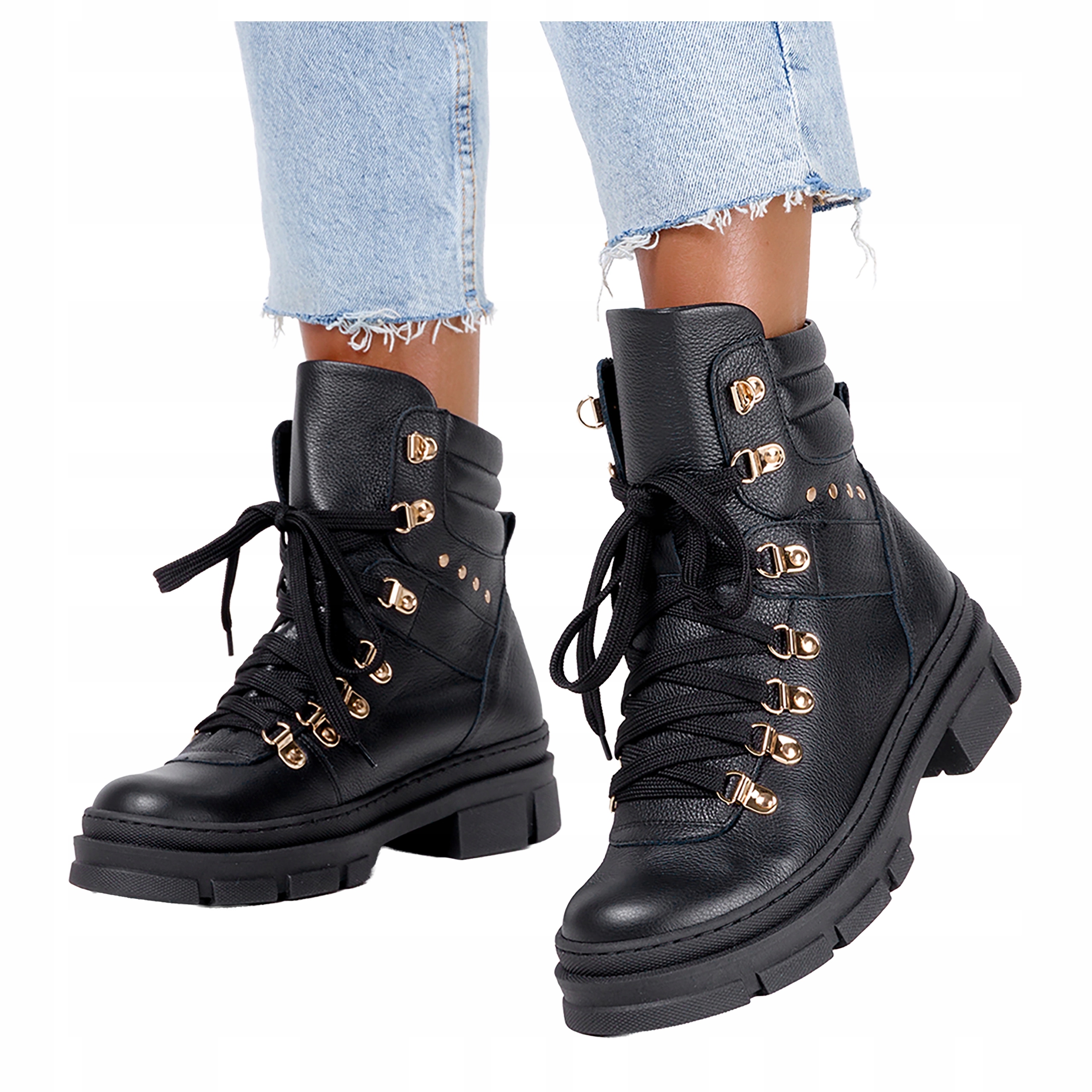 Kotníkové Boty Černé Dámské Kožené Polské Na Platformě Šněrovací Módní r 36