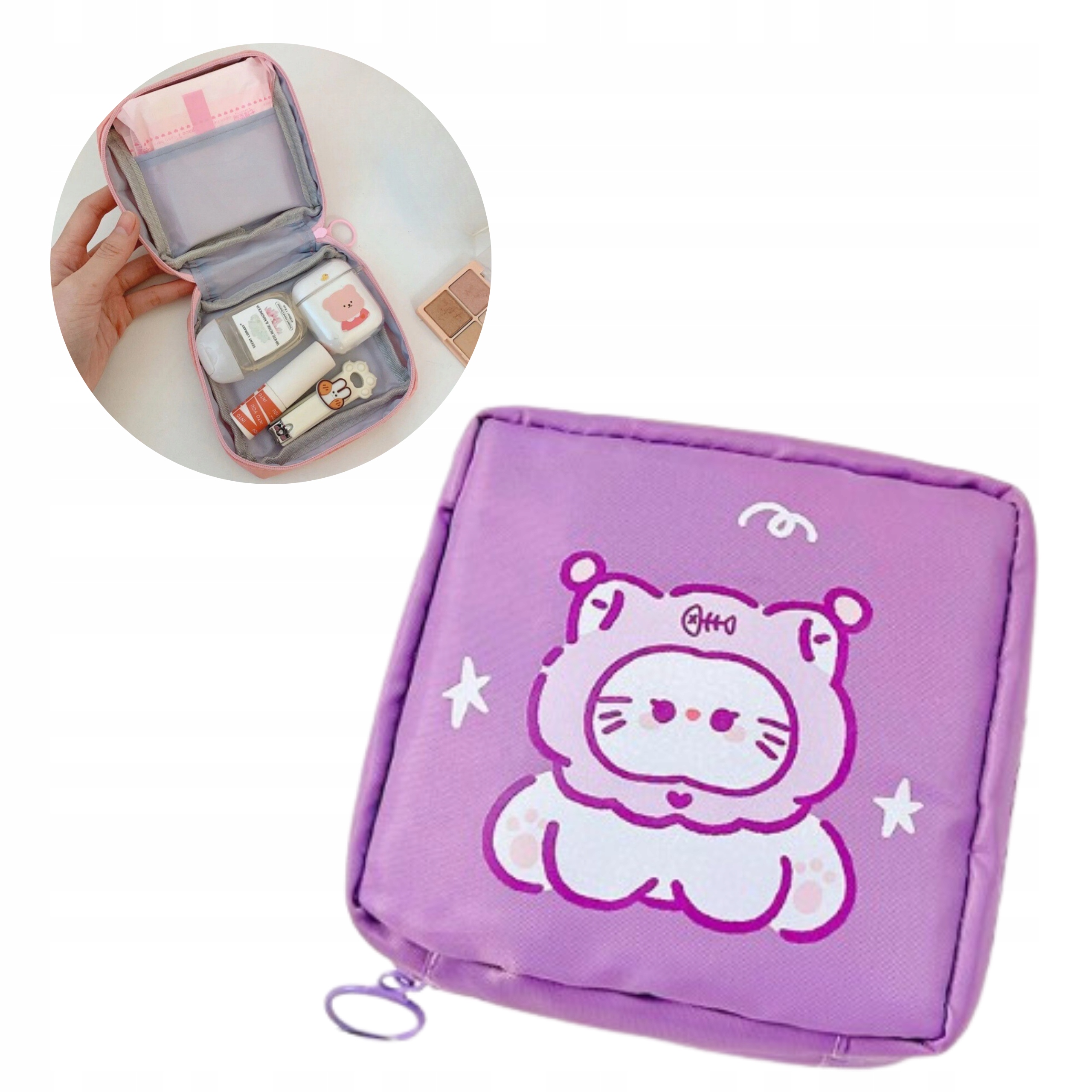 Saszetka na Podpaski Tampony Organizer Kosmetyczka Kot Fioletowa 13 x 13 cm