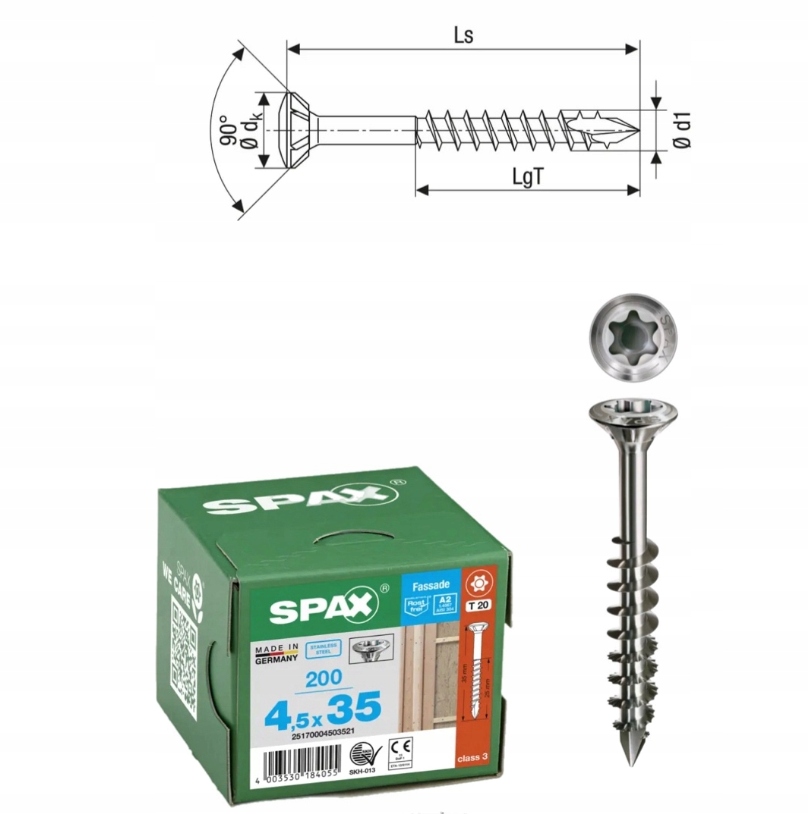 Šroub do fasádní desky spax 4,5 x 35 Li A2 Tx cut 200 ks