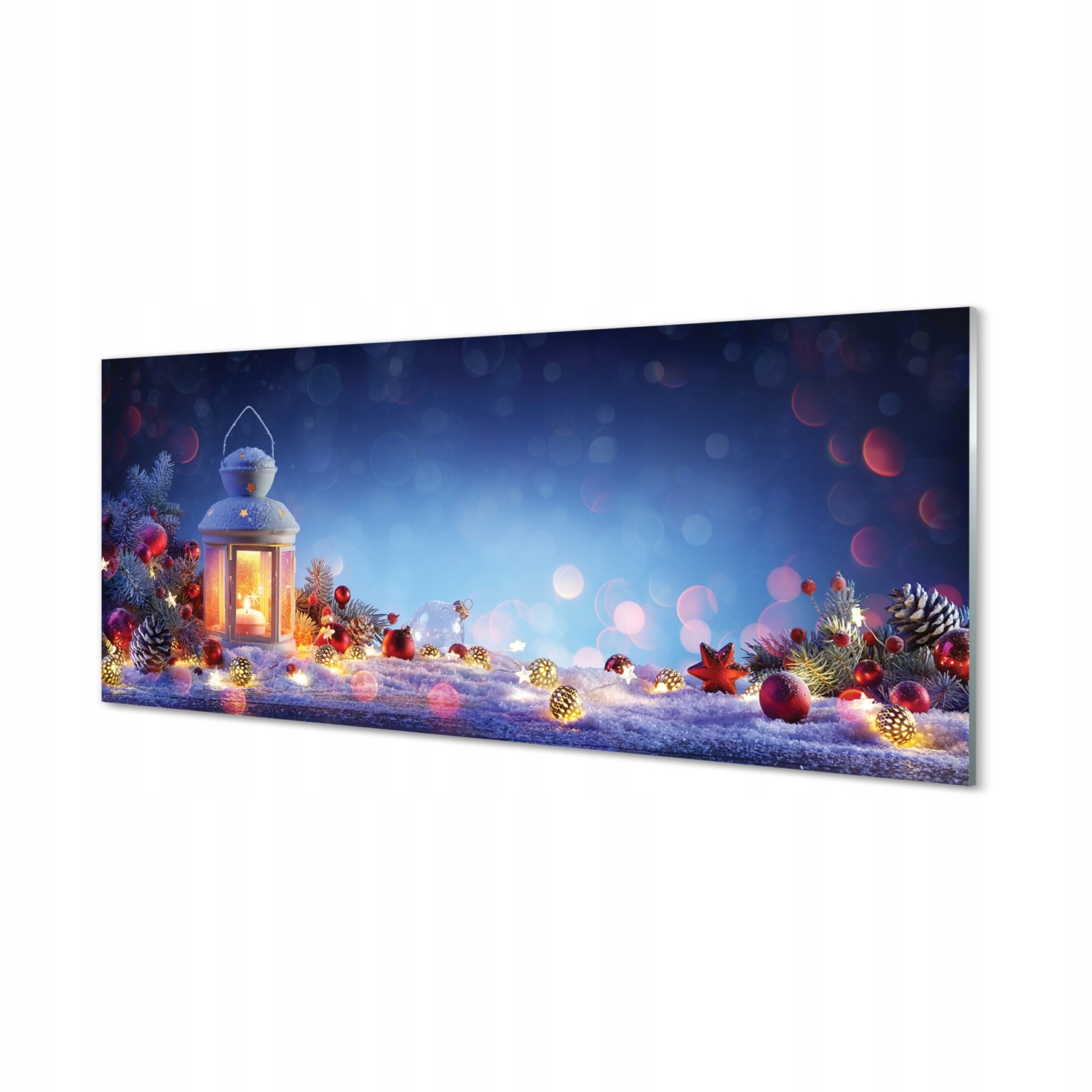 Obraz na skle Lampion sníh větvičky koule 125x50