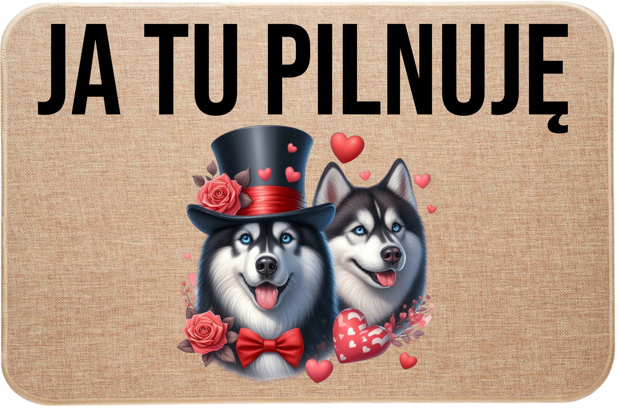 Lněná rohožka před dveřmi Já tady hlídám dva husky Valentýna Srdce