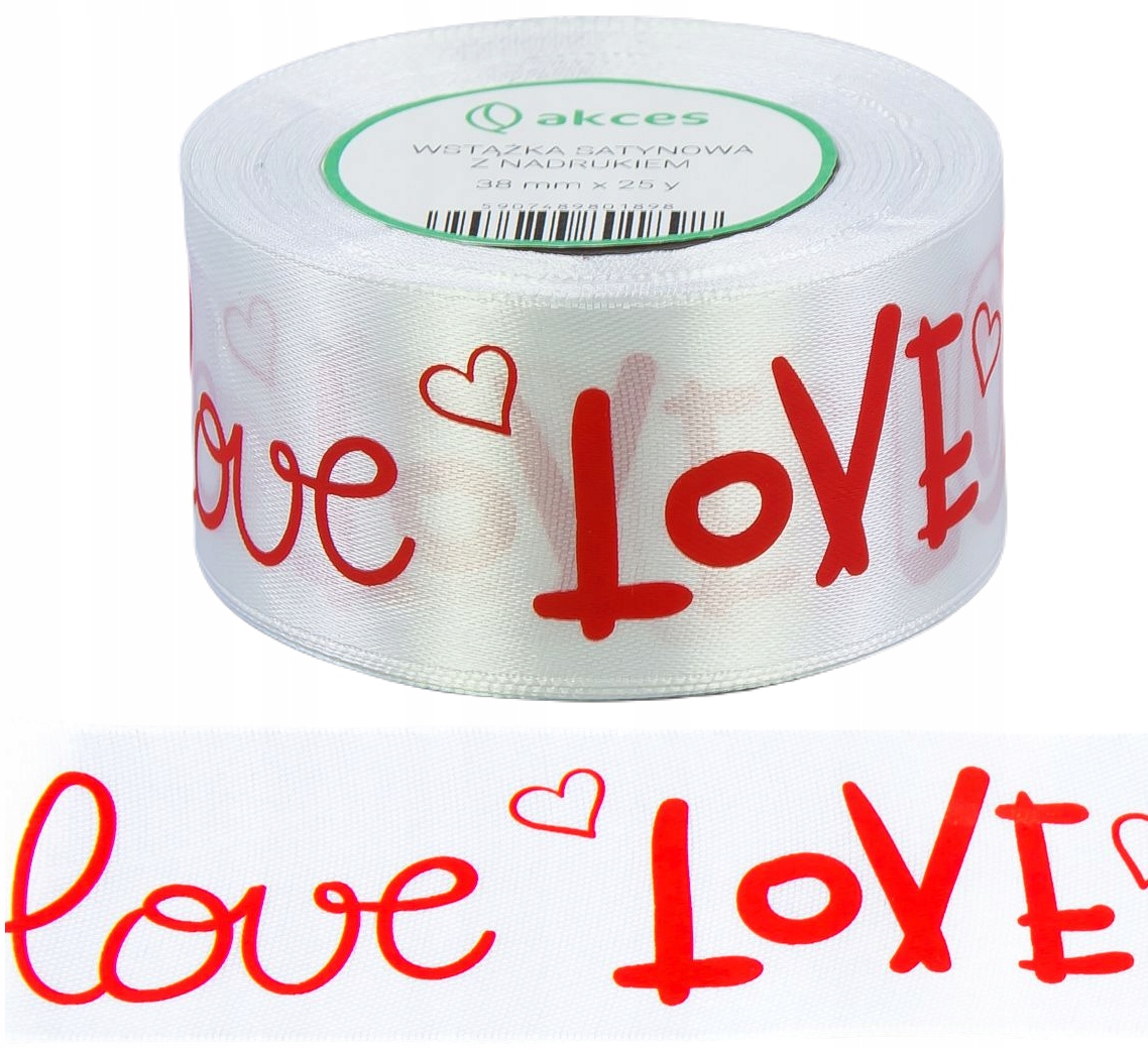 WSTĄŻKA SATYNOWA SERCA LOVE 38MM 32MB WALENTYNKI