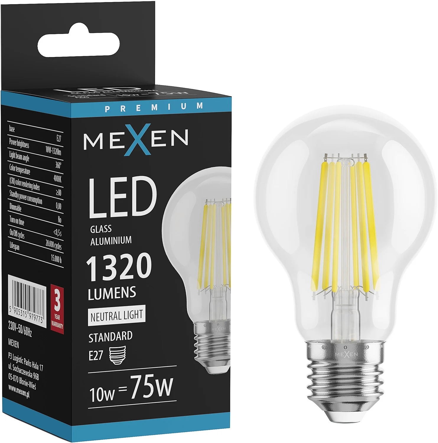 Mexen Vintis Led Žárovka Filament E27 A60 10W 4000K 1320 LM Clear