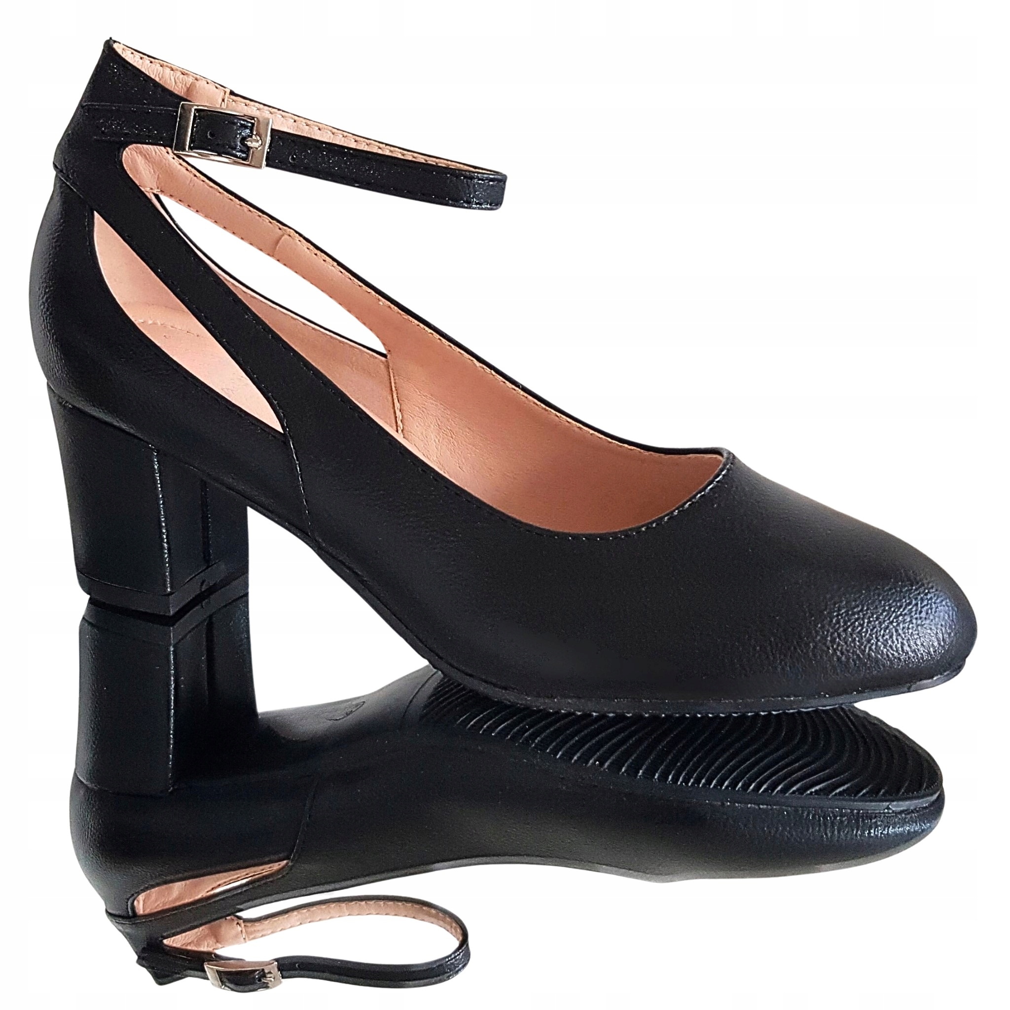 Czarne Perłowe Ozdobne Wycinane Buty Czółenka Z Paseczkiem Słupek 6 Cm 39