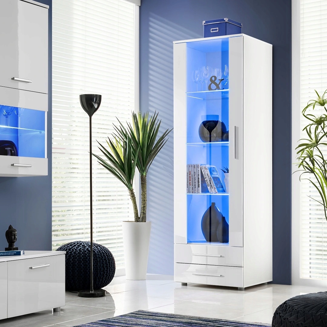 WITRYNA STOJĄCA KOMODA SŁUPEK Z SZYBĄ BIAŁY POŁYSK LED 60 cm Kolekcja Salon witryna