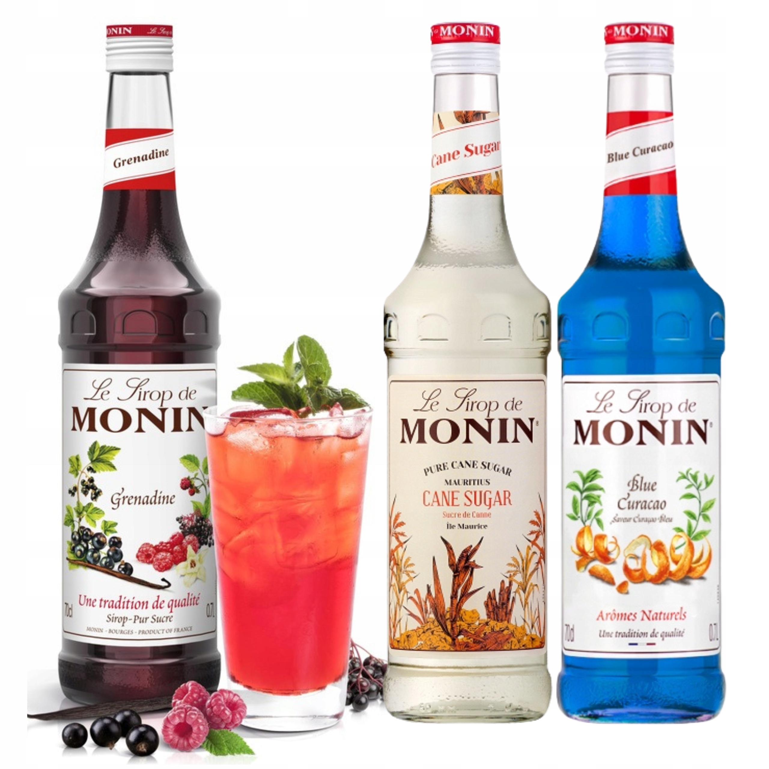 Levně Sada sirupů Monin: Grenadina, Blue Curacao, Cane Sugar