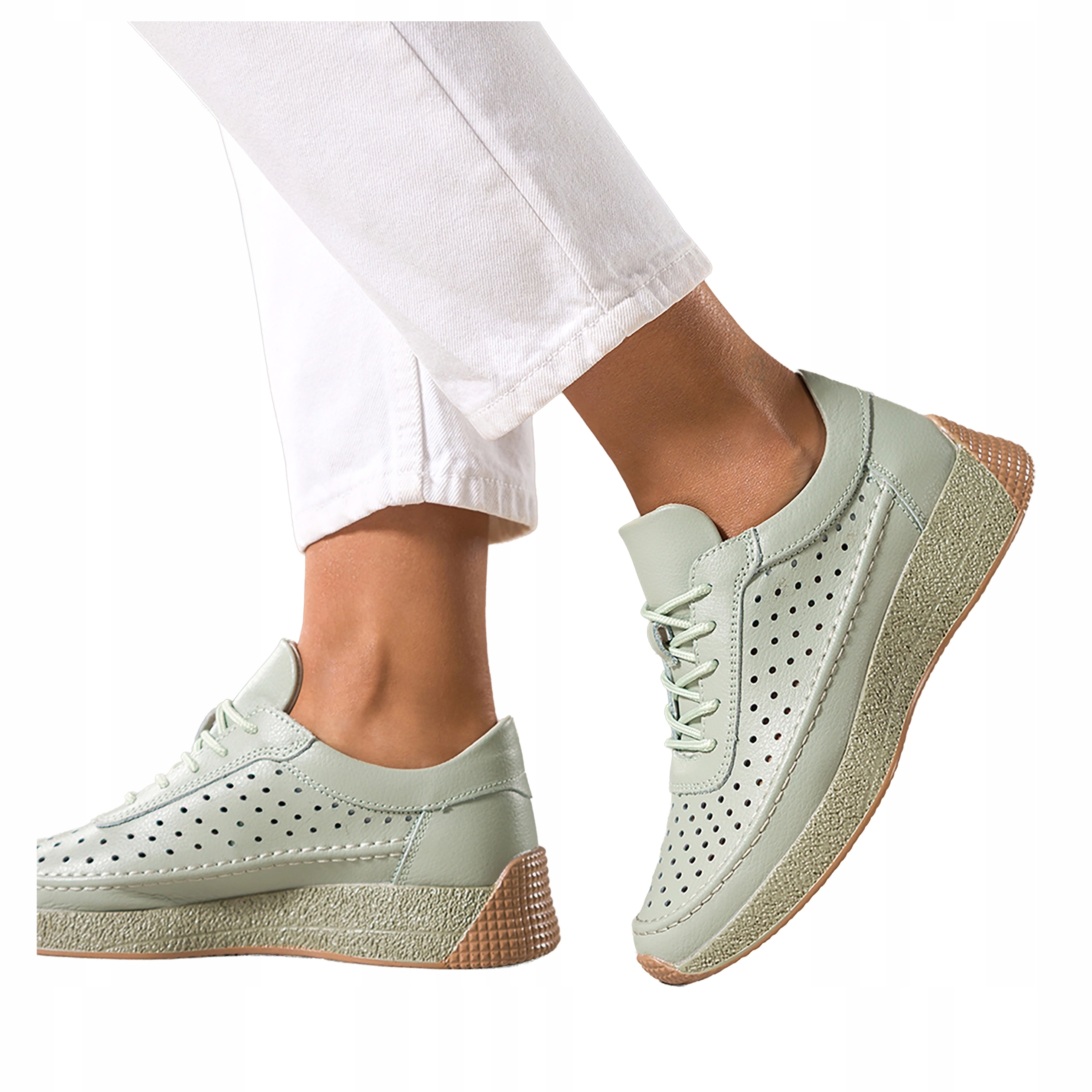 Zelené dámské Tenisky Na Platformě Ažurové šněrovací Kožené vel. 36