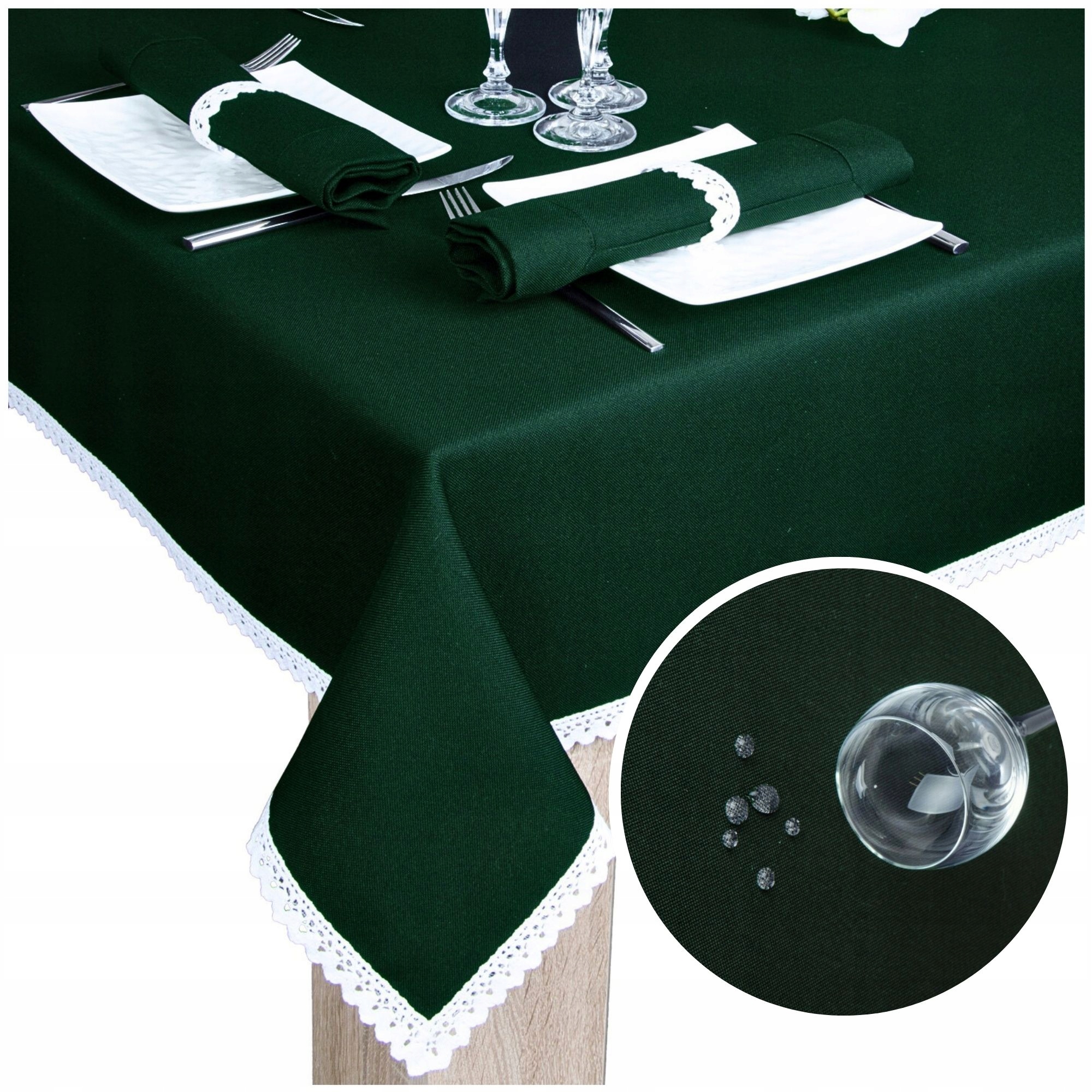 Obrus Na Stół z Koronką Malaga 350x140 Obrus Ciemny Zielony Plamoodporny