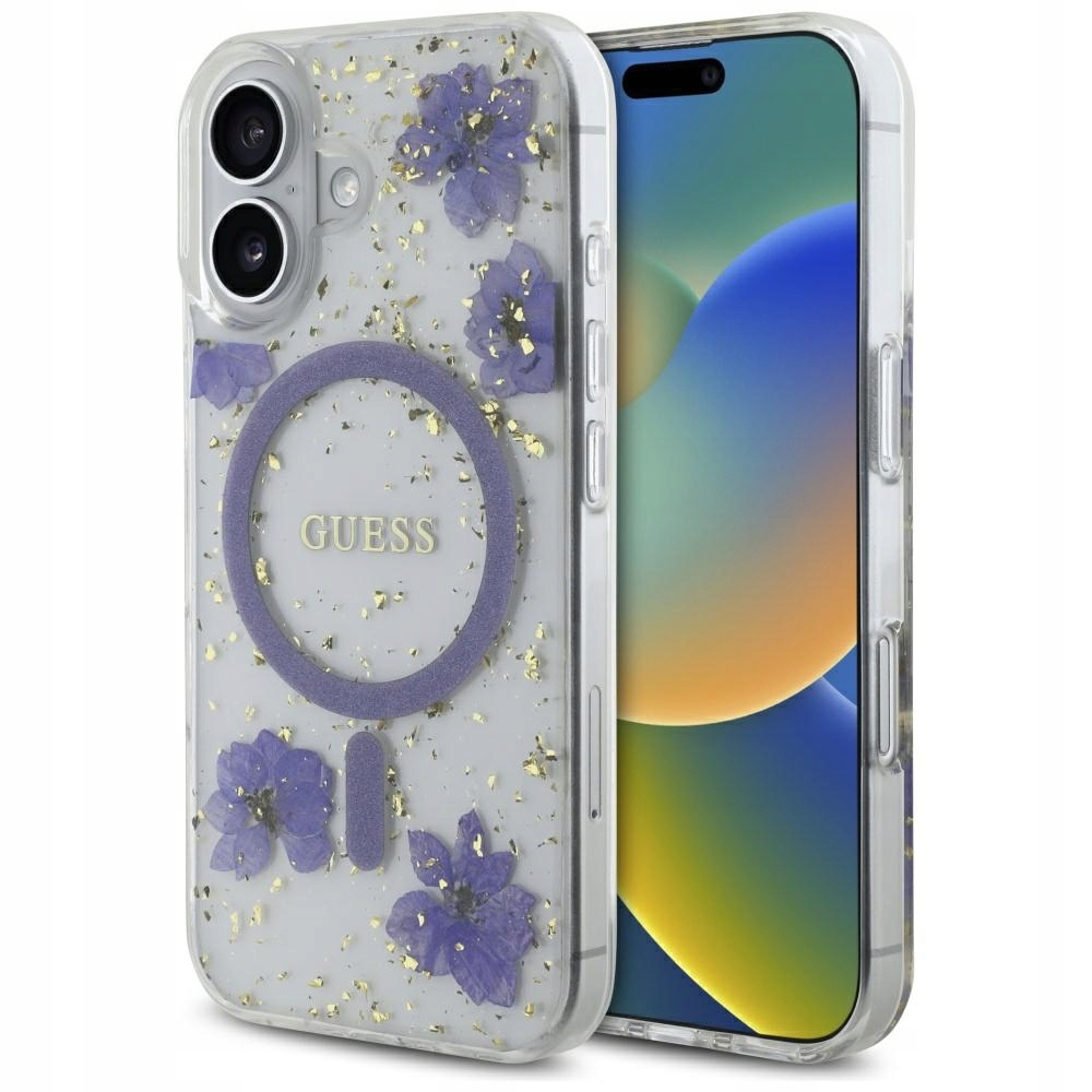 Pouzdro Guess Resin Flowers Glitter MagSafe pro iPhone 16 fialové