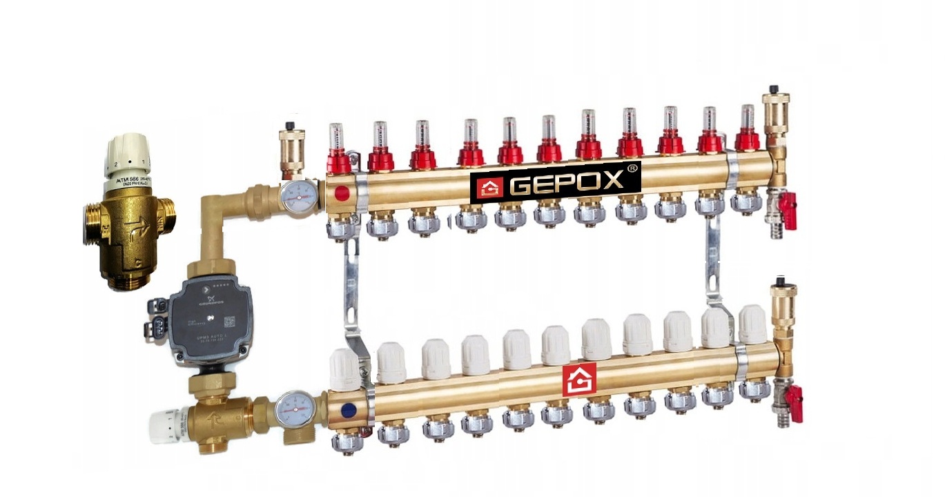Rozdělovač pro podlahové vytápění 11 okruhů sekcí s čerpadlem