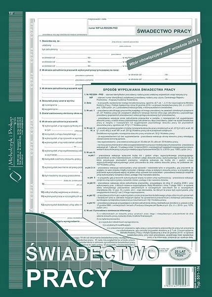

Świadectwo Pracy druk aktualny A4