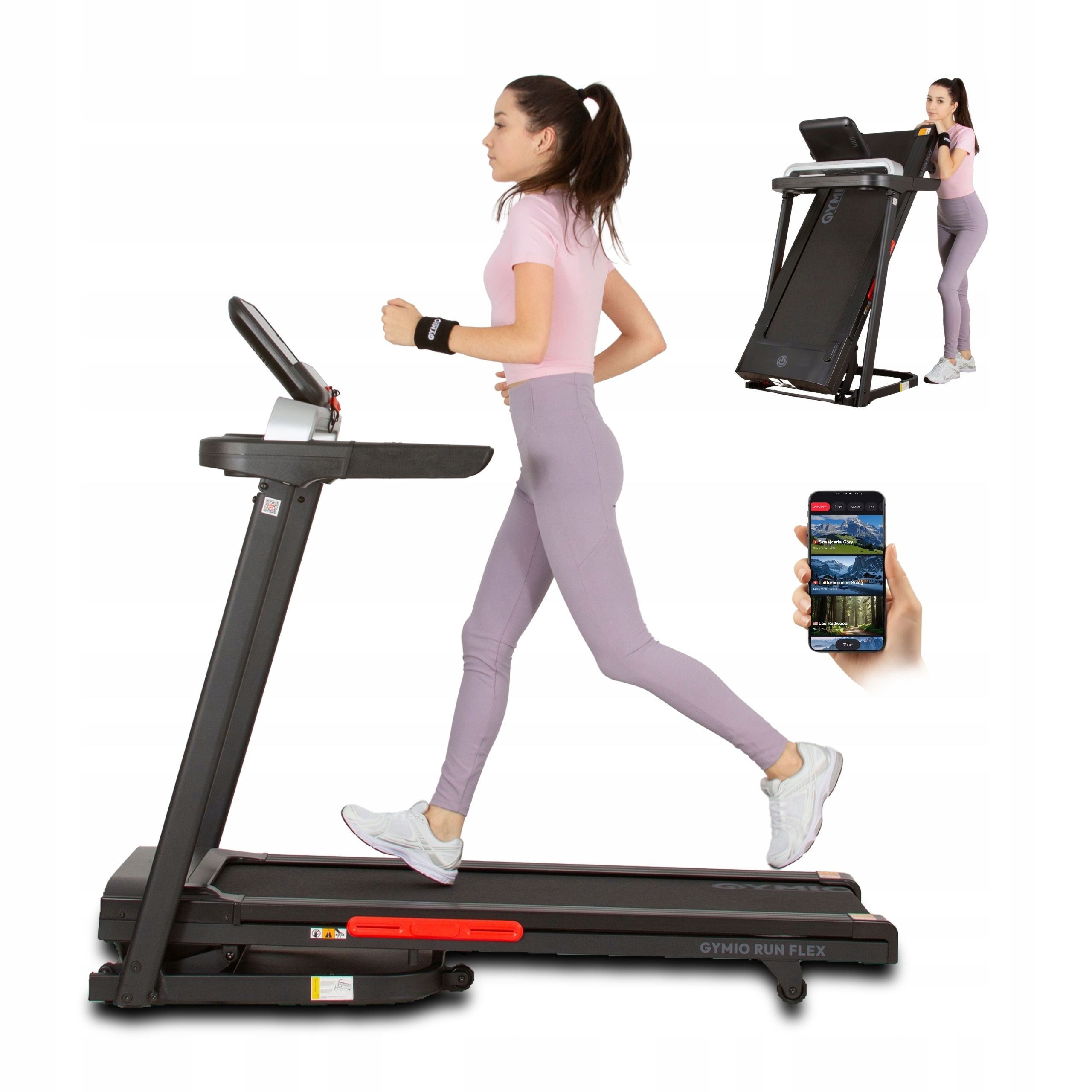 Bieżnia elektryczna Gymio RunFlex pas 42x132cm, Zwift, Kinomap, Pauza