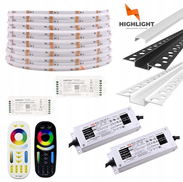 20 m Sada Fasádová Led páska Cob Rgb+cct 16W 24V IP65 +Profil Biela/Čierna
