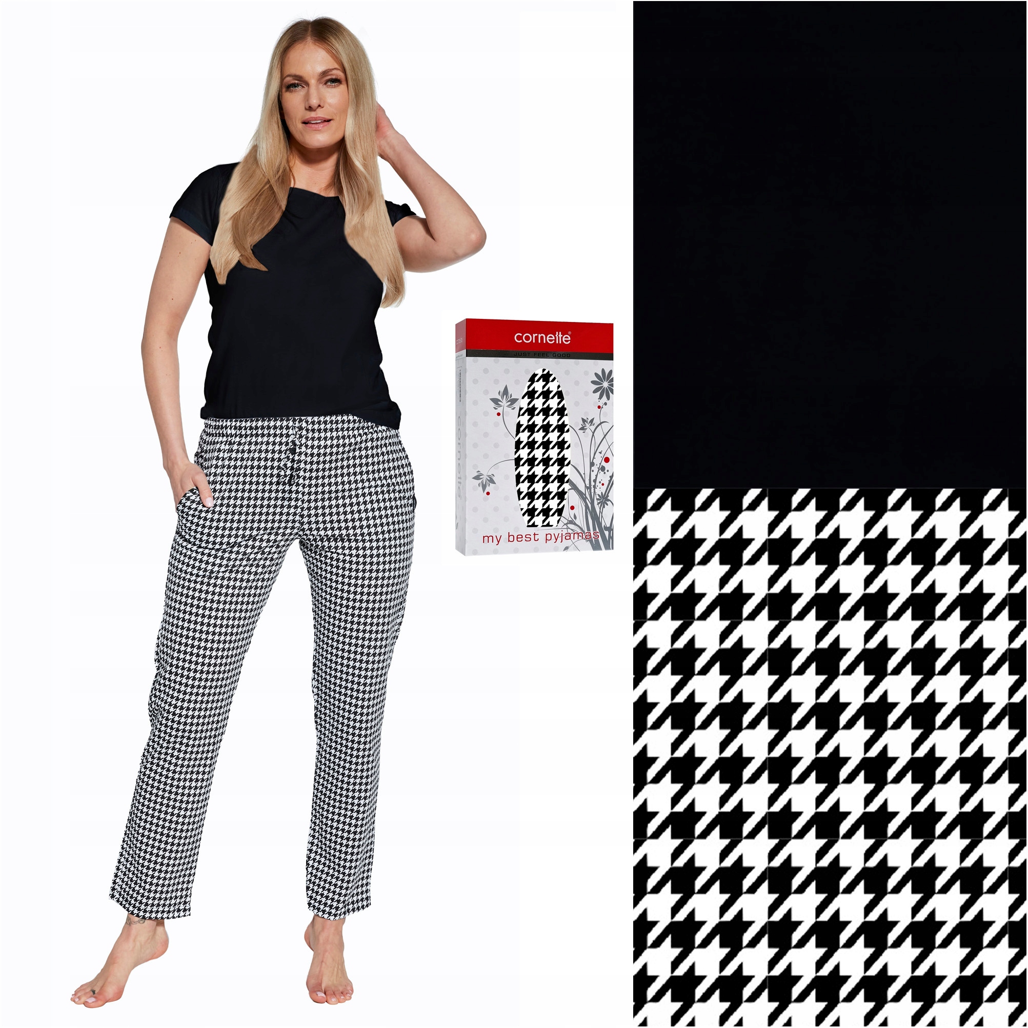 Piżama damska bawełniana Cornette krótki rękaw długie spodnie pepitka S